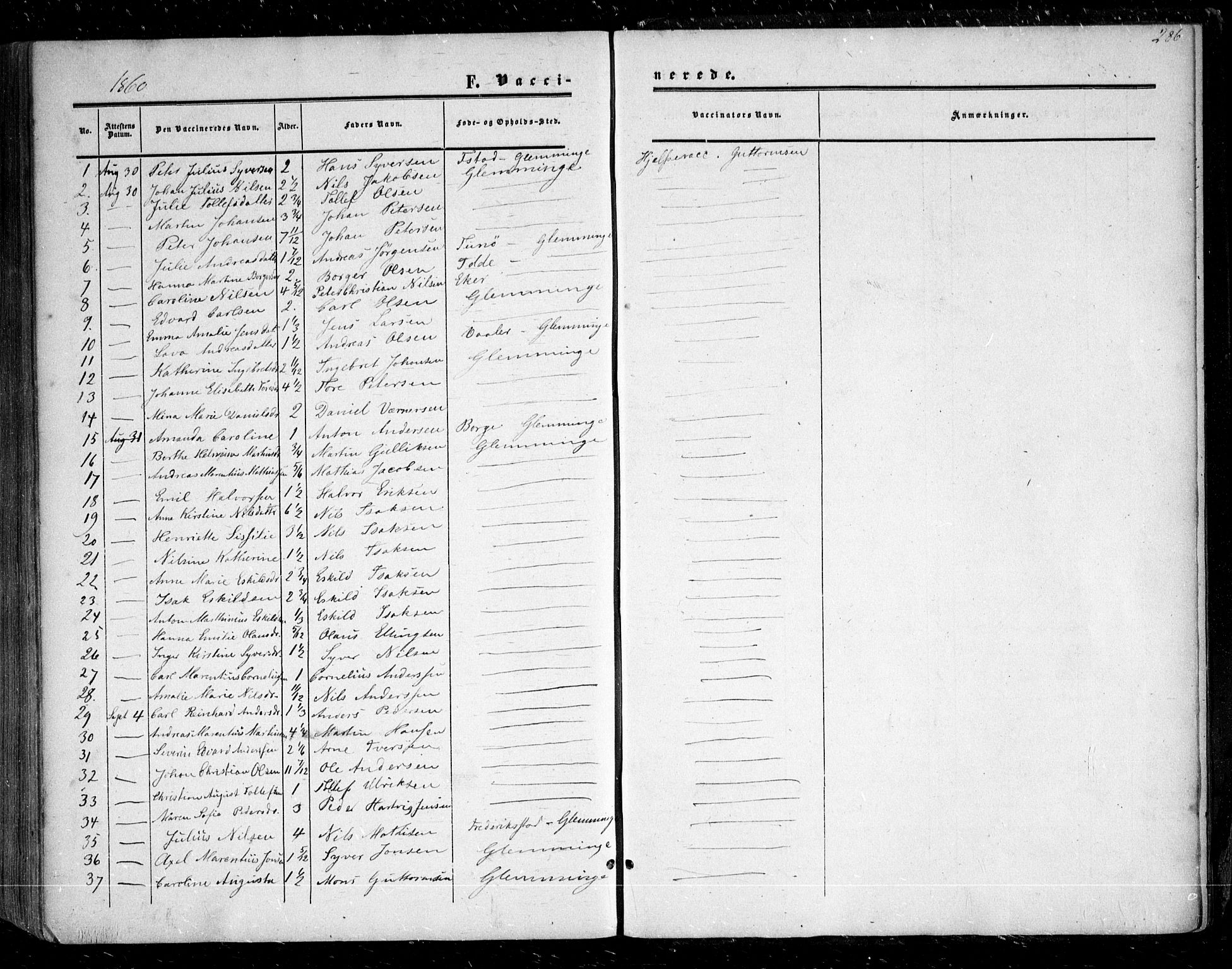 Glemmen prestekontor Kirkebøker, AV/SAO-A-10908/F/Fa/L0007: Parish register (official) no. 7, 1853-1862, p. 286