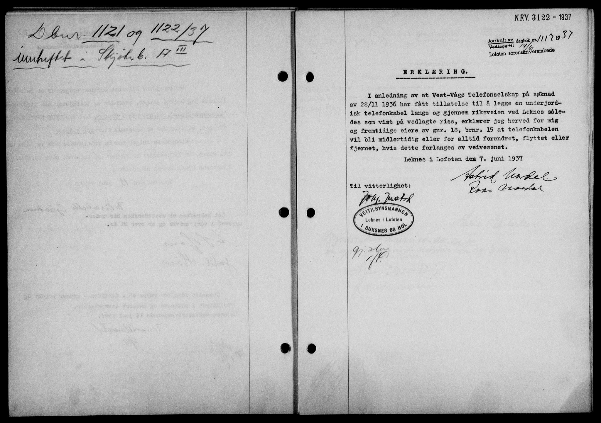 Lofoten sorenskriveri, SAT/A-0017/1/2/2C/L0002a: Mortgage book no. 2a, 1937-1937, Diary no: : 1117/1937