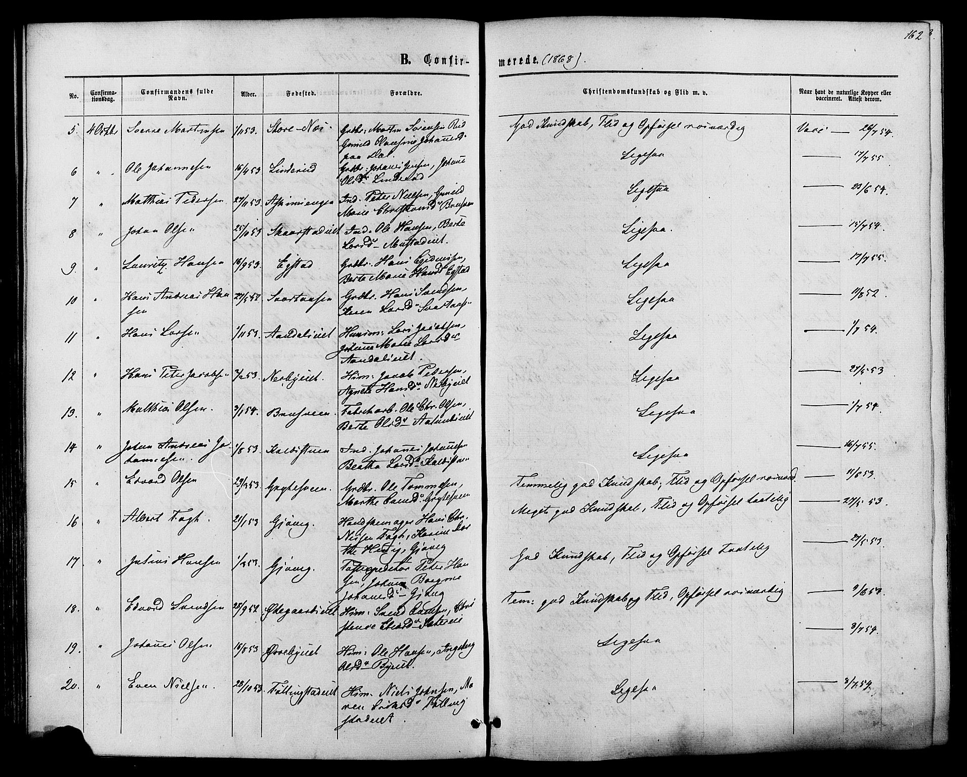 Vardal prestekontor, SAH/PREST-100/H/Ha/Haa/L0007: Parish register (official) no. 7, 1867-1878, p. 162