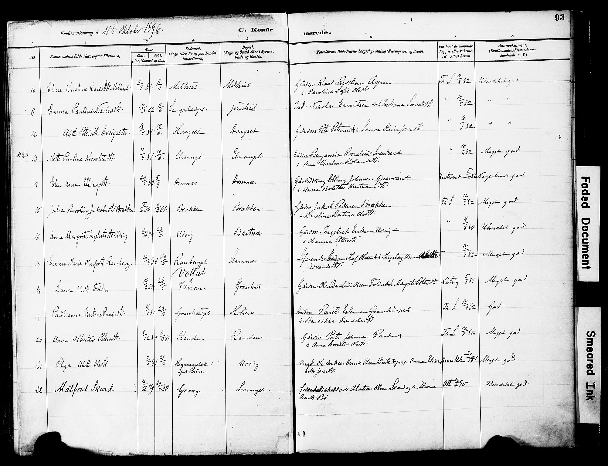 Ministerialprotokoller, klokkerbøker og fødselsregistre - Nord-Trøndelag, AV/SAT-A-1458/741/L0396: Parish register (official) no. 741A10, 1889-1901, p. 93