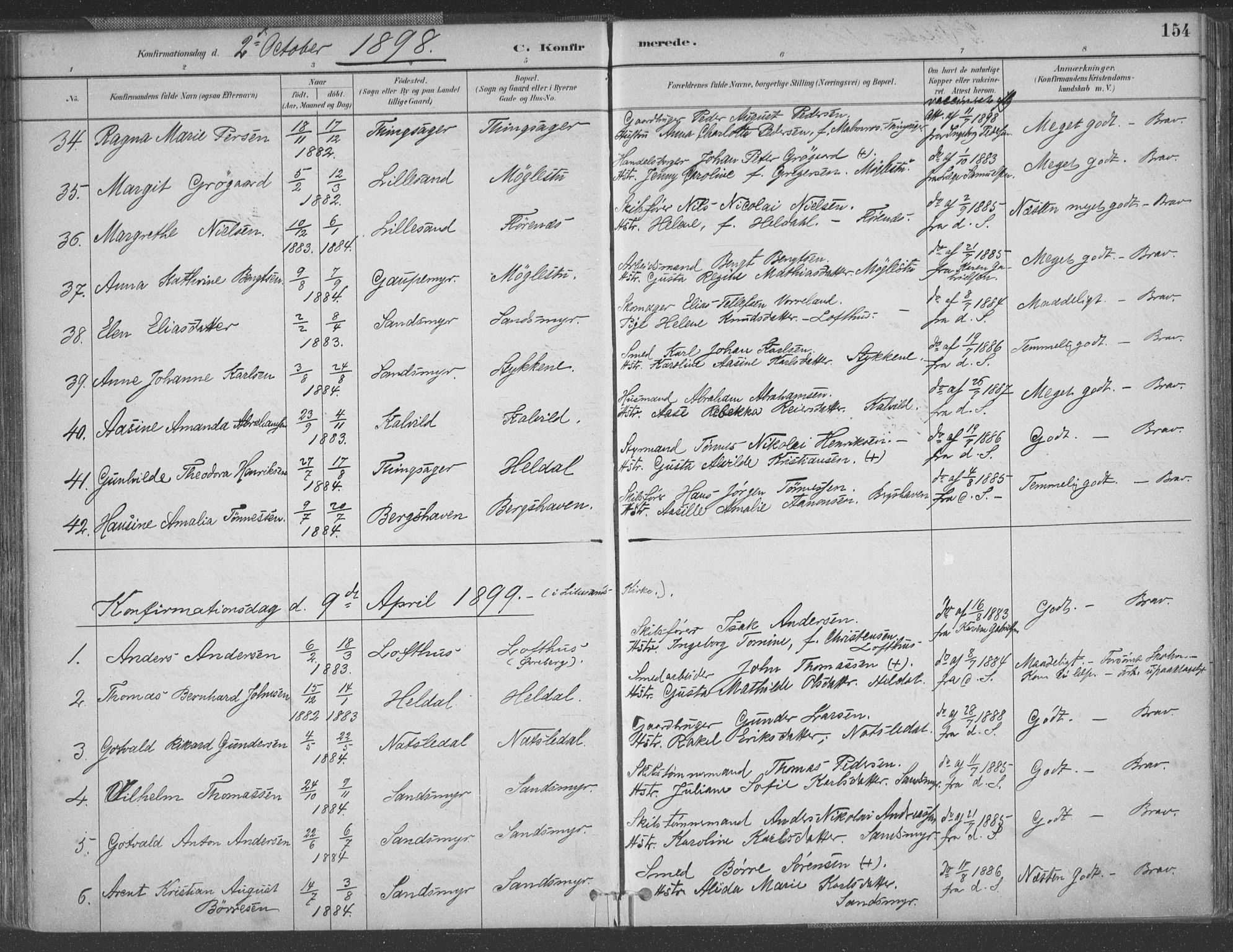 Vestre Moland sokneprestkontor, SAK/1111-0046/F/Fa/Fab/L0009: Parish register (official) no. A 9, 1884-1899, p. 154