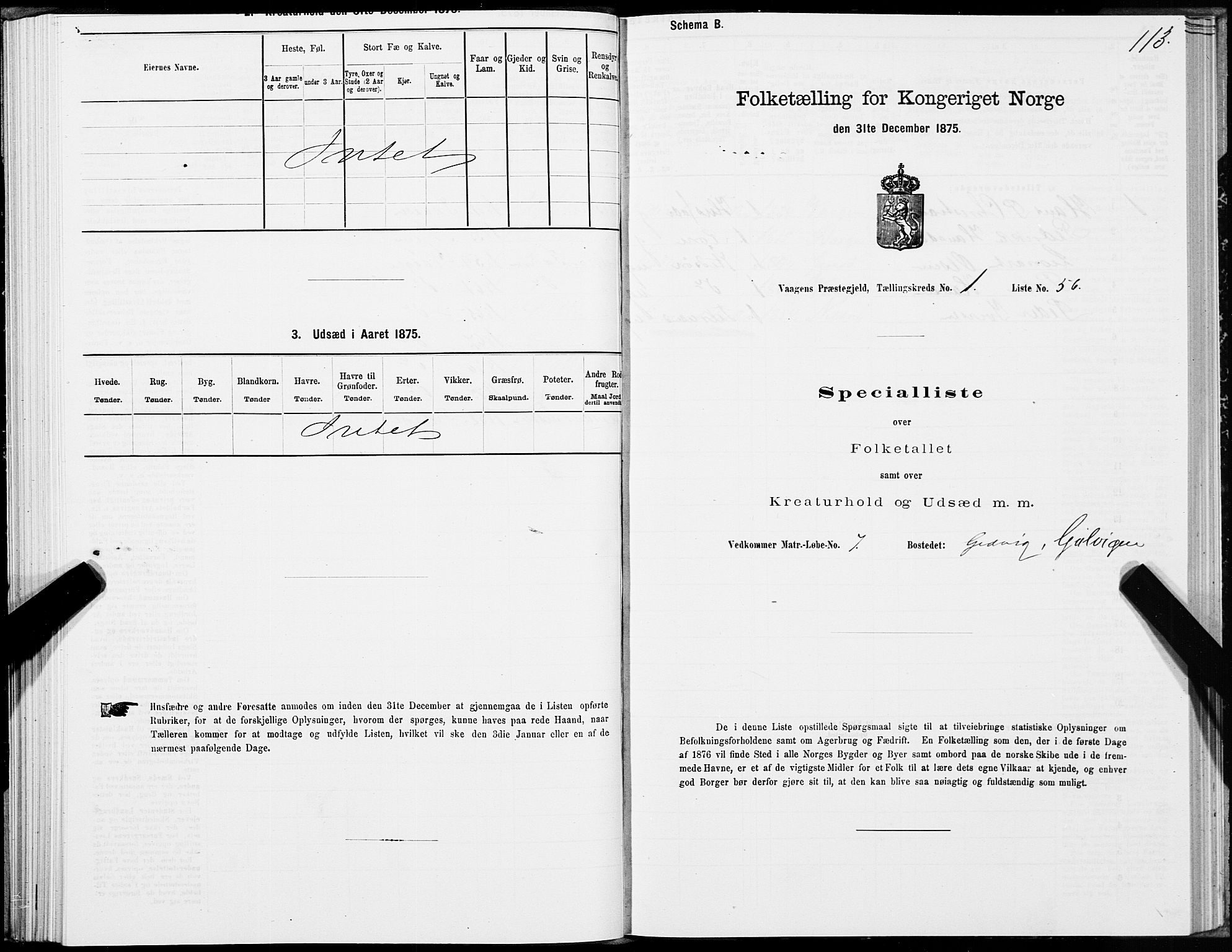 SAT, 1875 census for 1865P Vågan, 1875, p. 1113