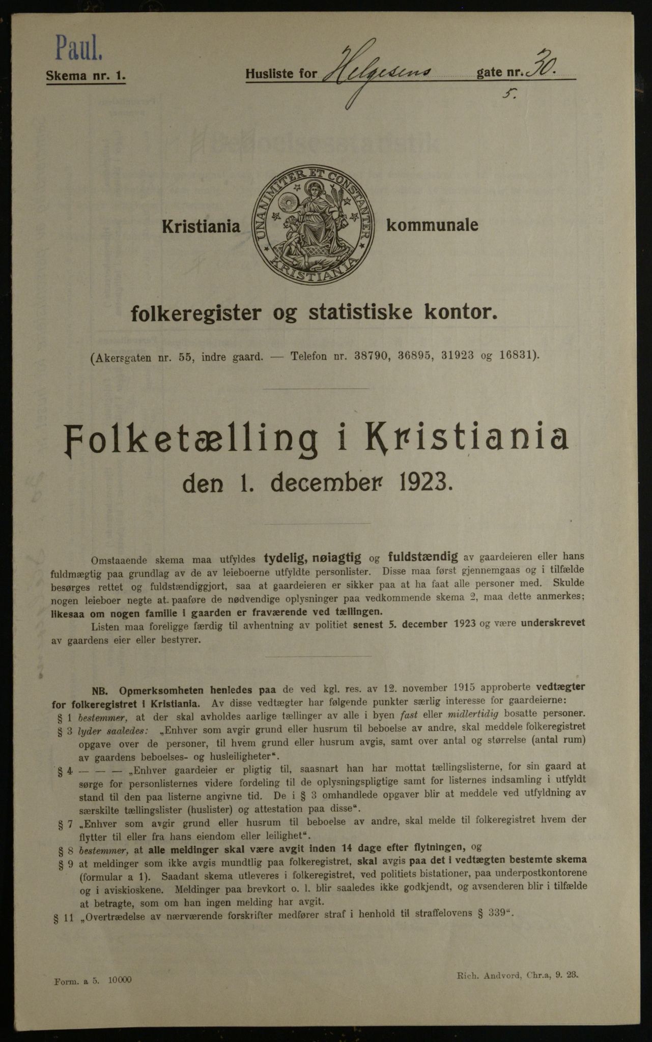 OBA, Municipal Census 1923 for Kristiania, 1923, p. 42726