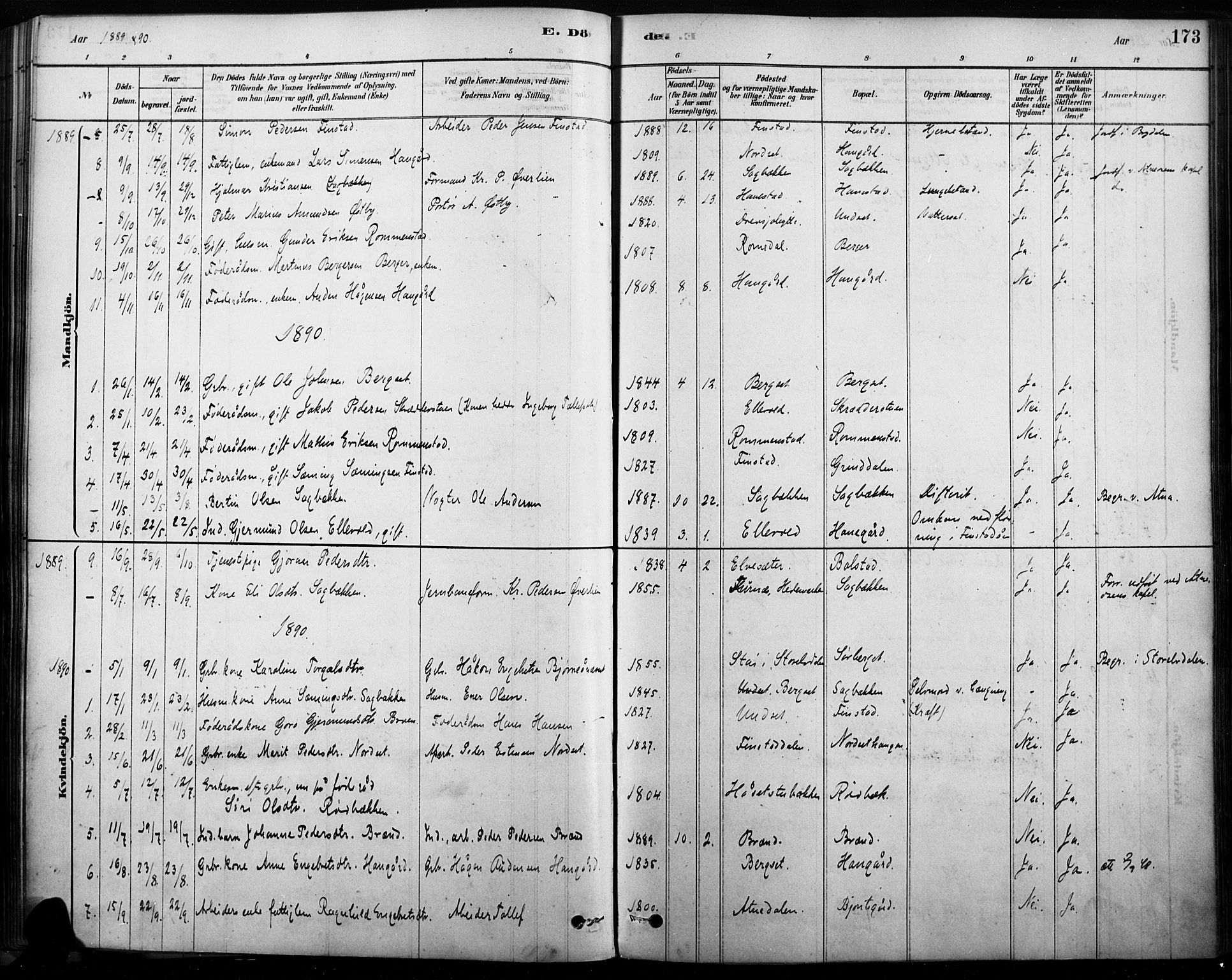 Rendalen prestekontor, SAH/PREST-054/H/Ha/Haa/L0009: Parish register (official) no. 9, 1878-1901, p. 173