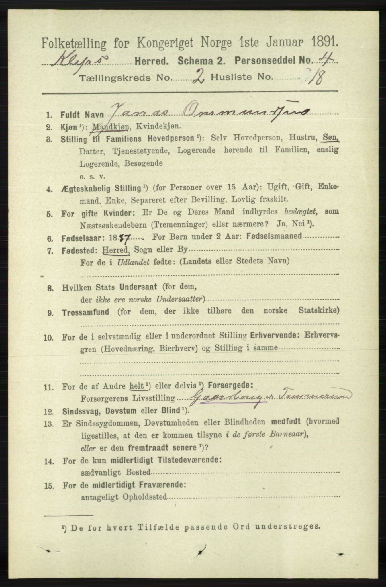 RA, 1891 census for 1120 Klepp, 1891, p. 435