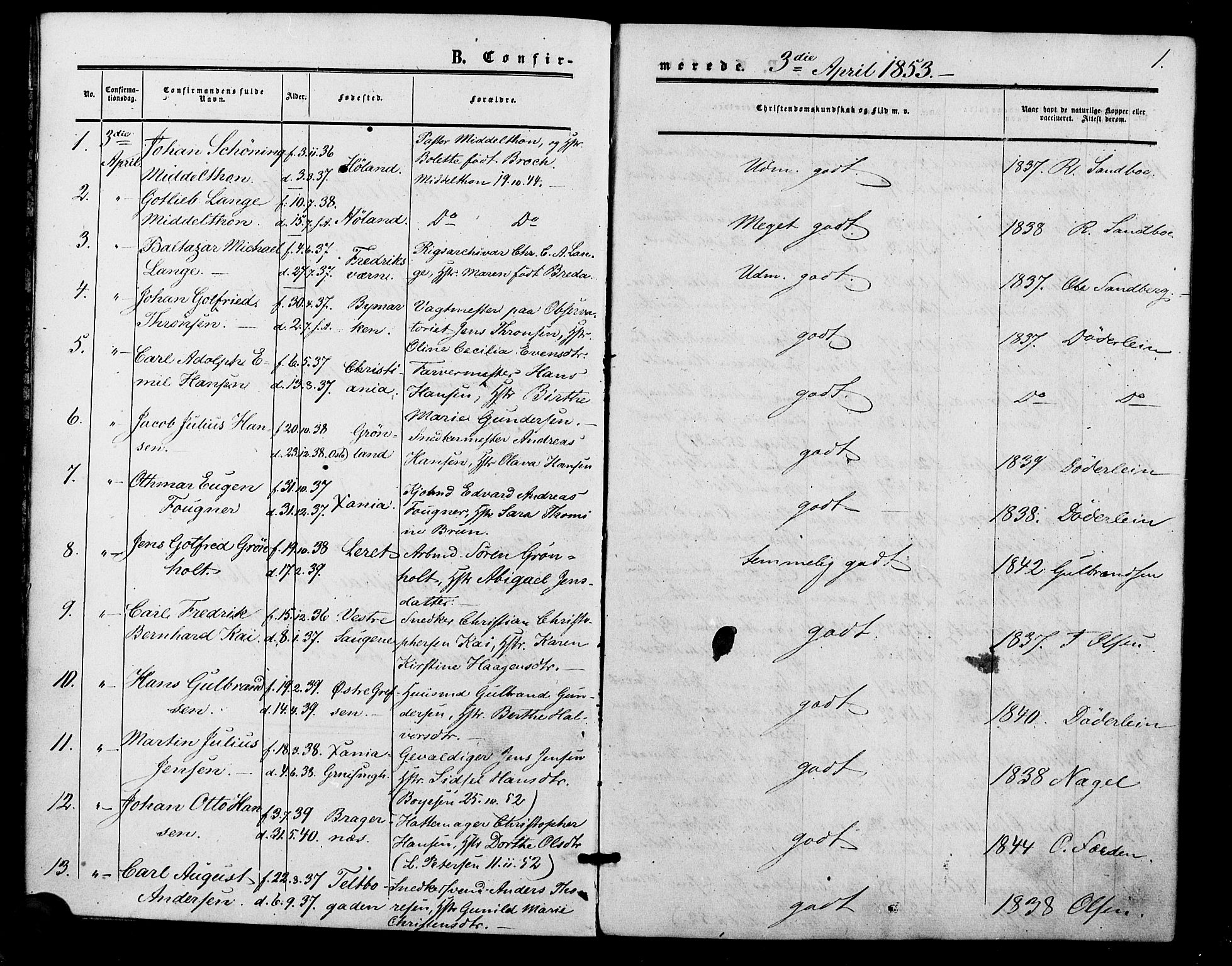 Vestre Aker prestekontor Kirkebøker, SAO/A-10025/F/Fa/L0001: Parish register (official) no. 1, 1853-1858, p. 1