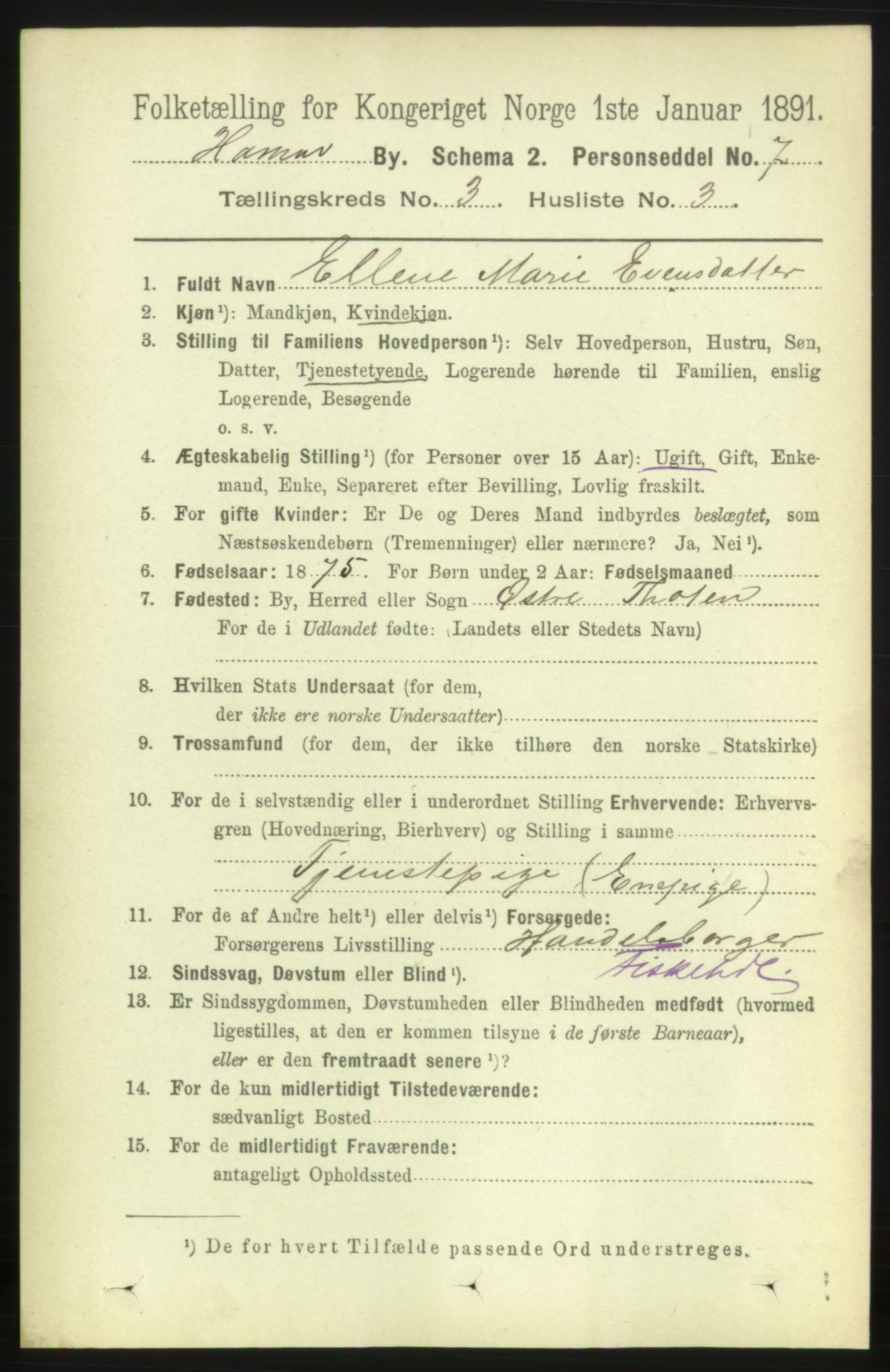 RA, 1891 census for 0401 Hamar, 1891, p. 1731