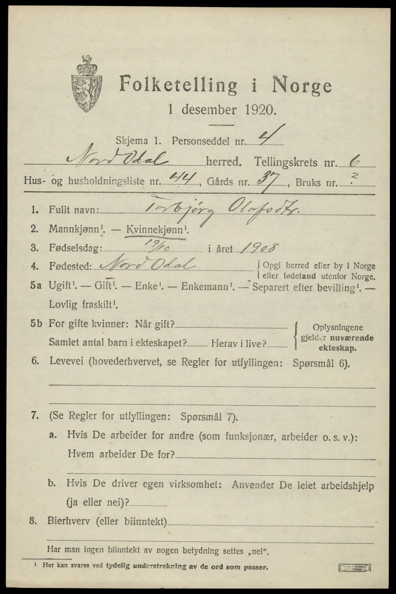 SAH, 1920 census for Nord-Odal, 1920, p. 7087