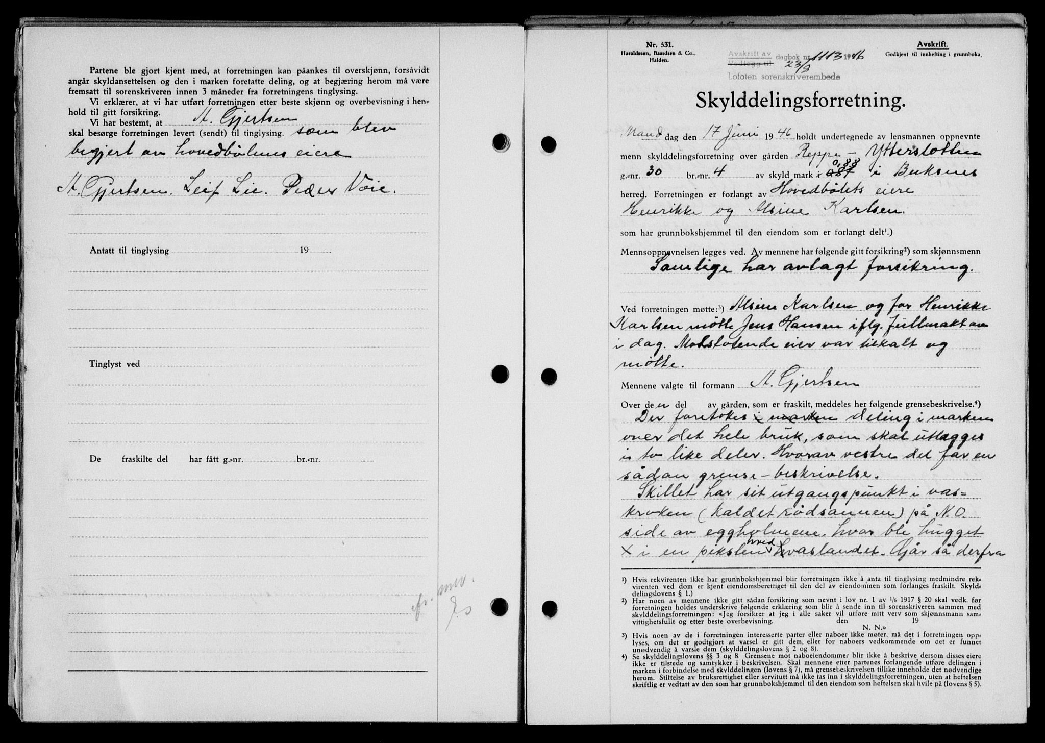 Lofoten sorenskriveri, SAT/A-0017/1/2/2C/L0014a: Mortgage book no. 14a, 1946-1946, Diary no: : 1113/1946