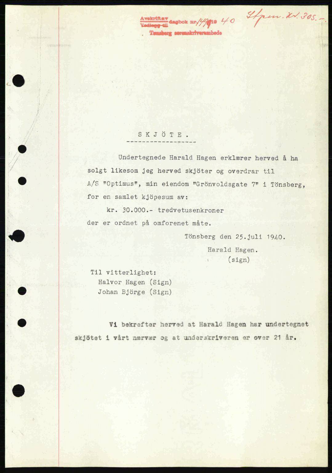 Tønsberg sorenskriveri, AV/SAKO-A-130/G/Ga/Gaa/L0009: Mortgage book no. A9, 1940-1941, Diary no: : 1499/1940