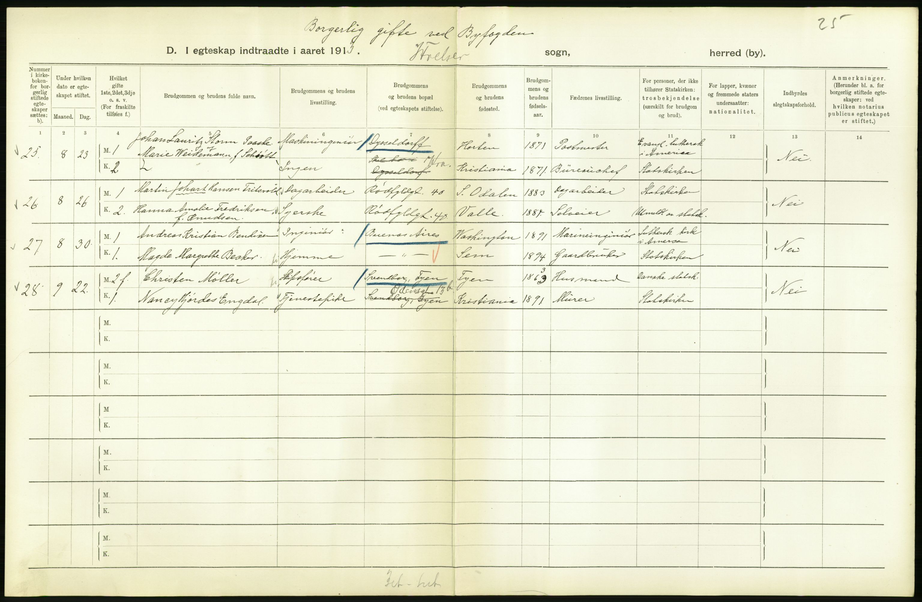 Statistisk sentralbyrå, Sosiodemografiske emner, Befolkning, AV/RA-S-2228/D/Df/Dfb/Dfbc/L0008: Kristiania: Gifte., 1913, p. 760