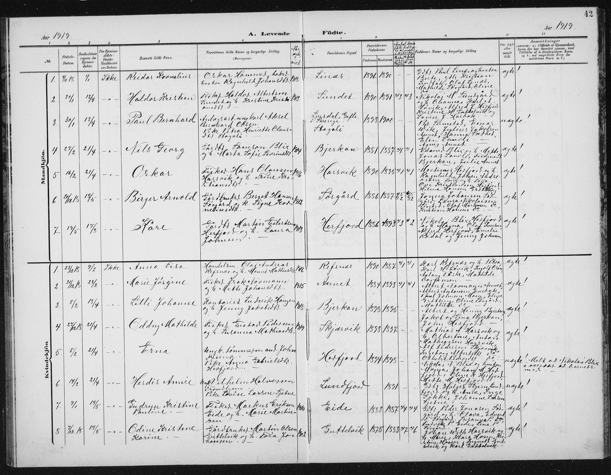 Ministerialprotokoller, klokkerbøker og fødselsregistre - Sør-Trøndelag, SAT/A-1456/656/L0699: Parish register (copy) no. 656C05, 1905-1920, p. 42