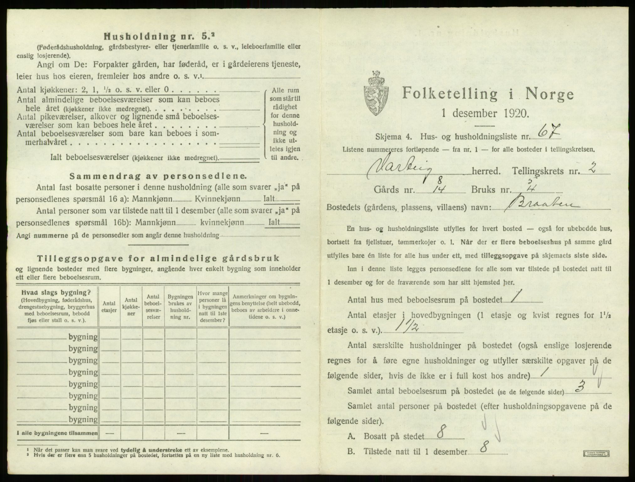 SAO, 1920 census for Varteig, 1920, p. 276