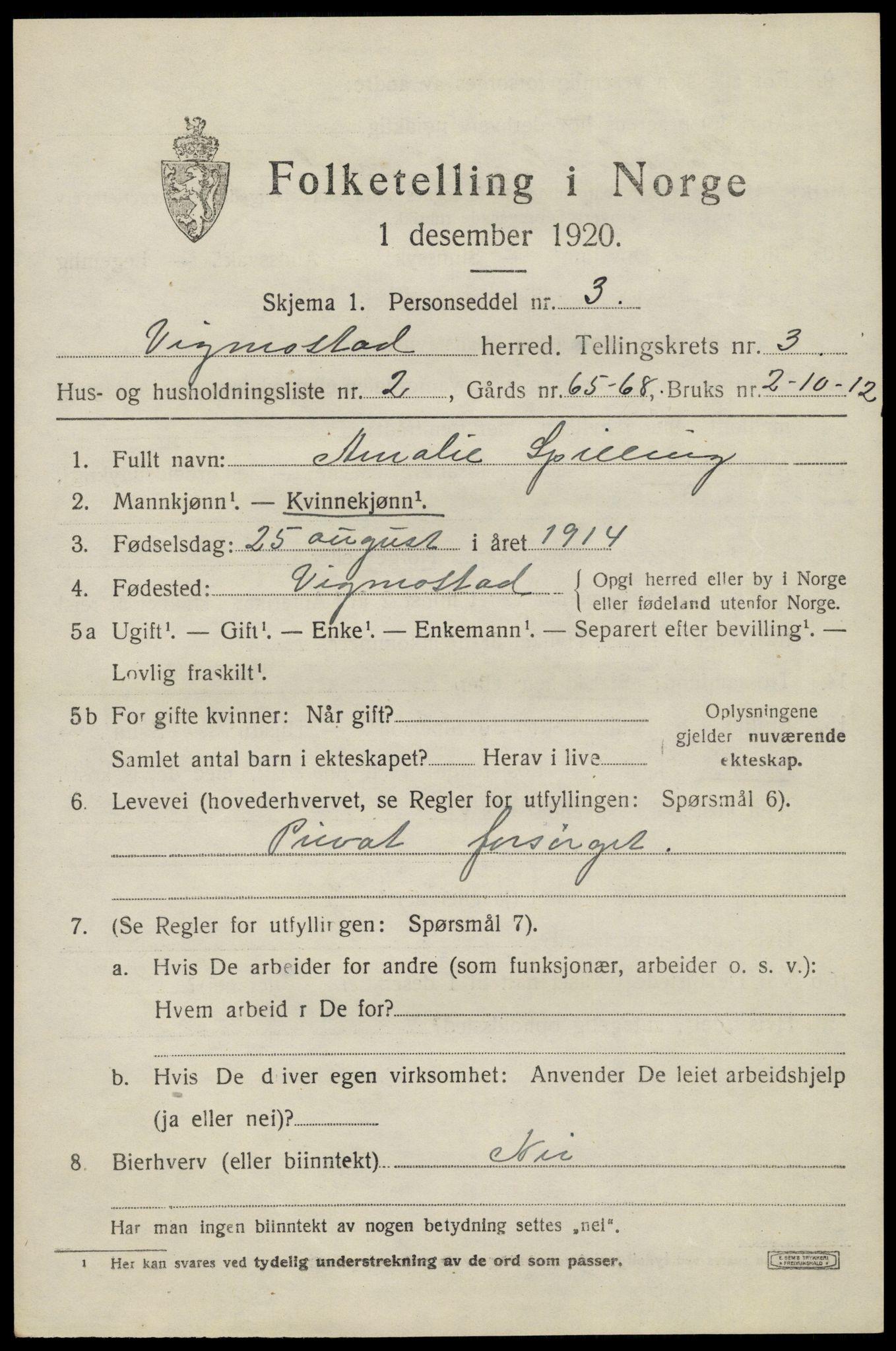 SAK, 1920 census for Vigmostad, 1920, p. 833