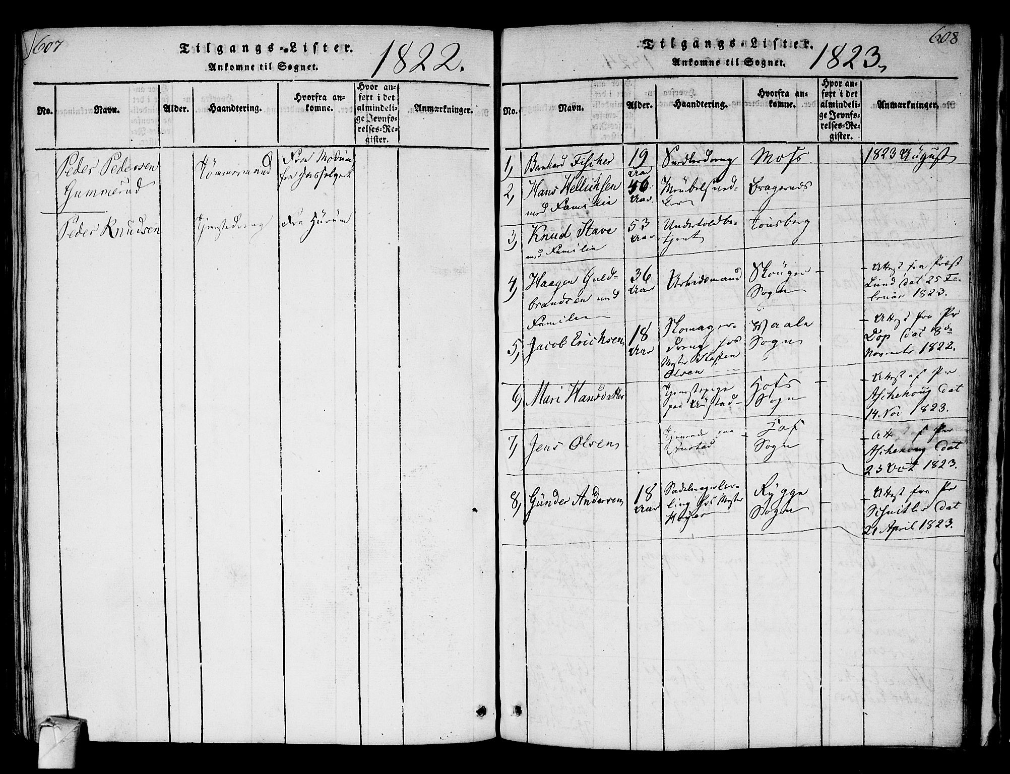 Strømsø kirkebøker, SAKO/A-246/F/Fa/L0011: Parish register (official) no. I 11, 1815-1829, p. 607-608