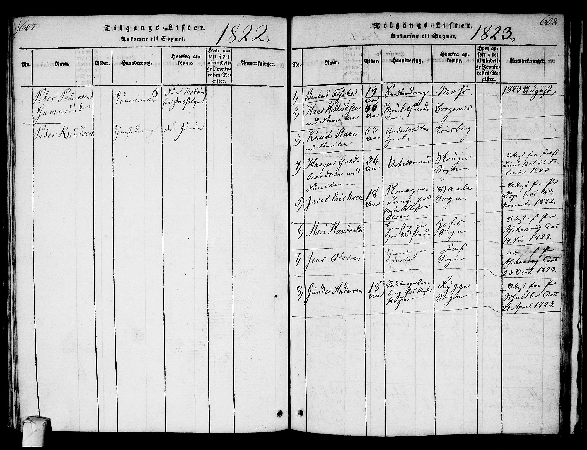 Strømsø kirkebøker, AV/SAKO-A-246/F/Fa/L0011: Parish register (official) no. I 11, 1815-1829, p. 607-608