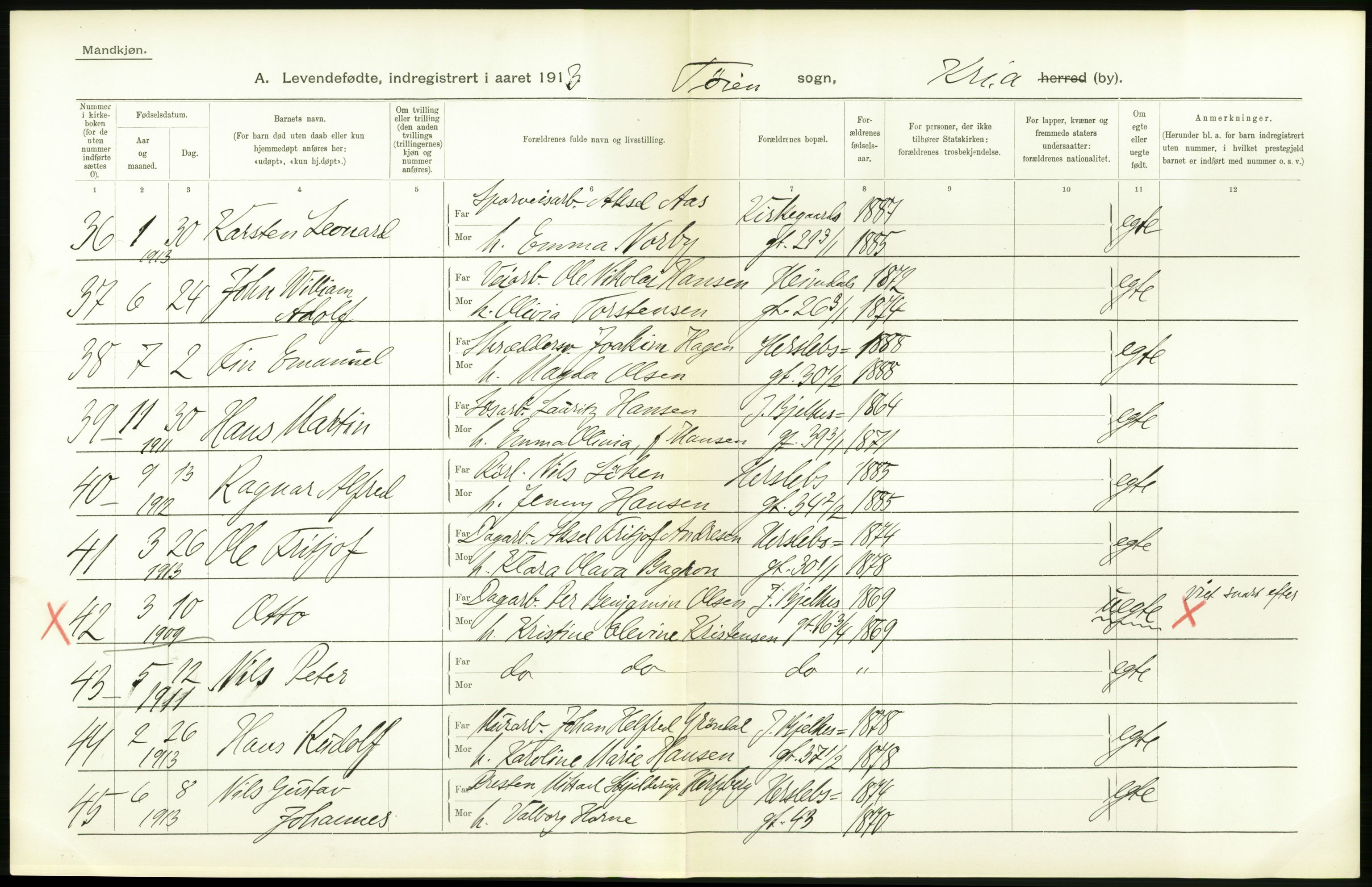 Statistisk sentralbyrå, Sosiodemografiske emner, Befolkning, AV/RA-S-2228/D/Df/Dfb/Dfbc/L0007: Kristiania: Levendefødte menn og kvinner., 1913, p. 560
