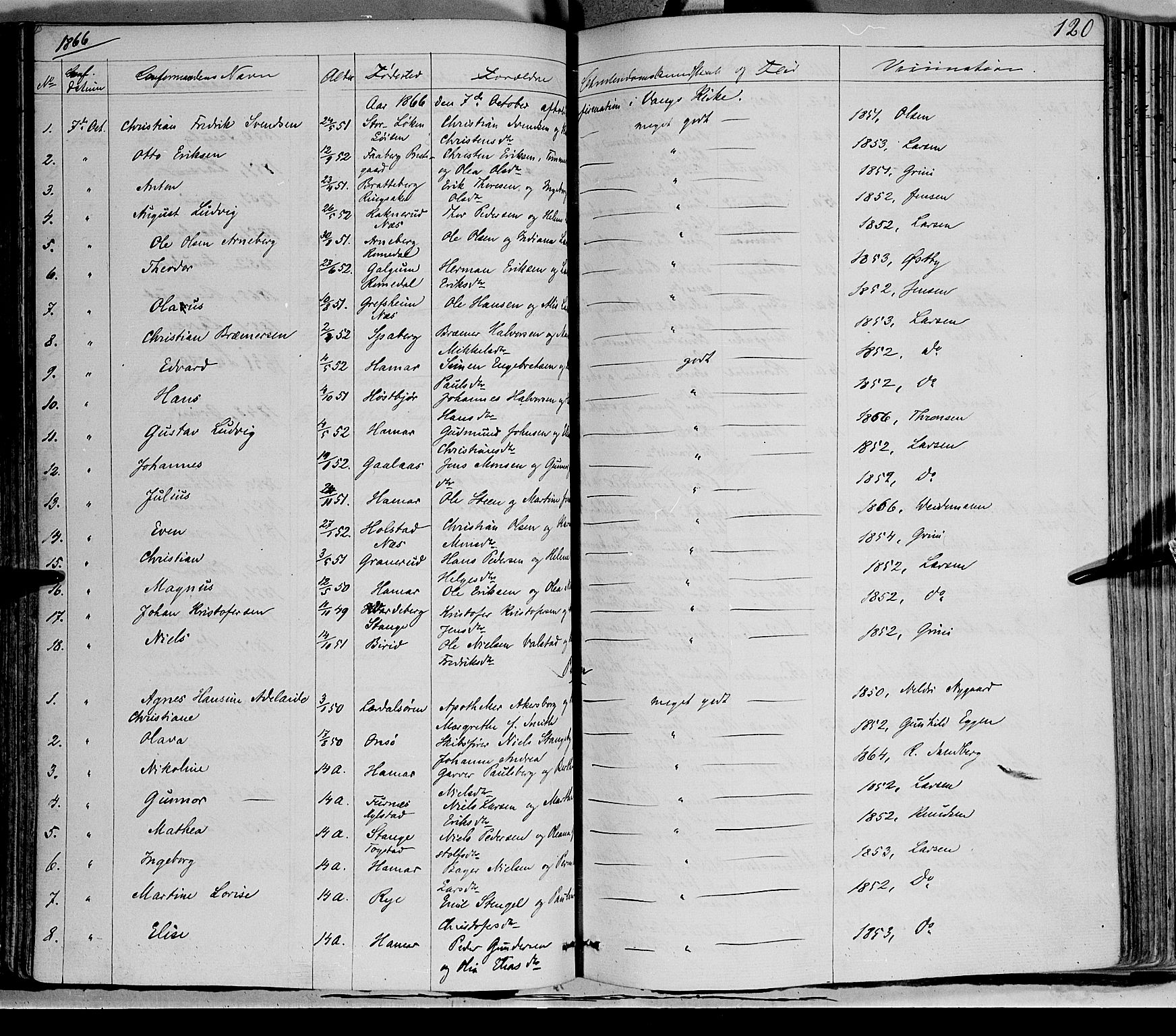 Vang prestekontor, Hedmark, SAH/PREST-008/H/Ha/Haa/L0011: Parish register (official) no. 11, 1852-1877, p. 120