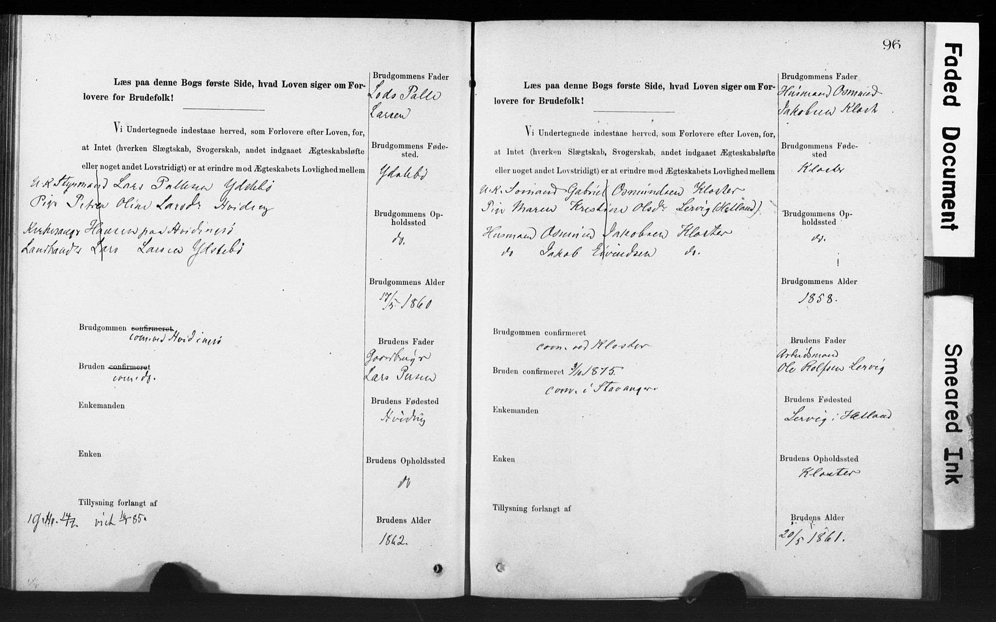 Rennesøy sokneprestkontor, AV/SAST-A -101827/I/Ie/L0001: Banns register no. 1, 1873-1898, p. 96