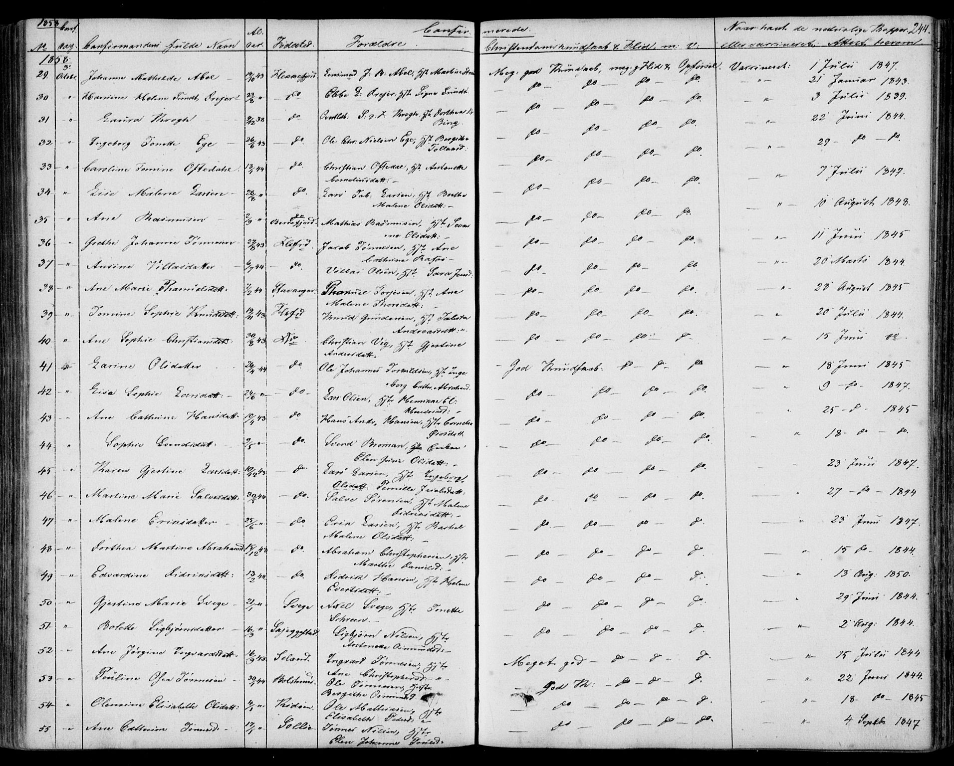 Flekkefjord sokneprestkontor, SAK/1111-0012/F/Fb/Fbc/L0005: Parish register (copy) no. B 5, 1846-1866, p. 244
