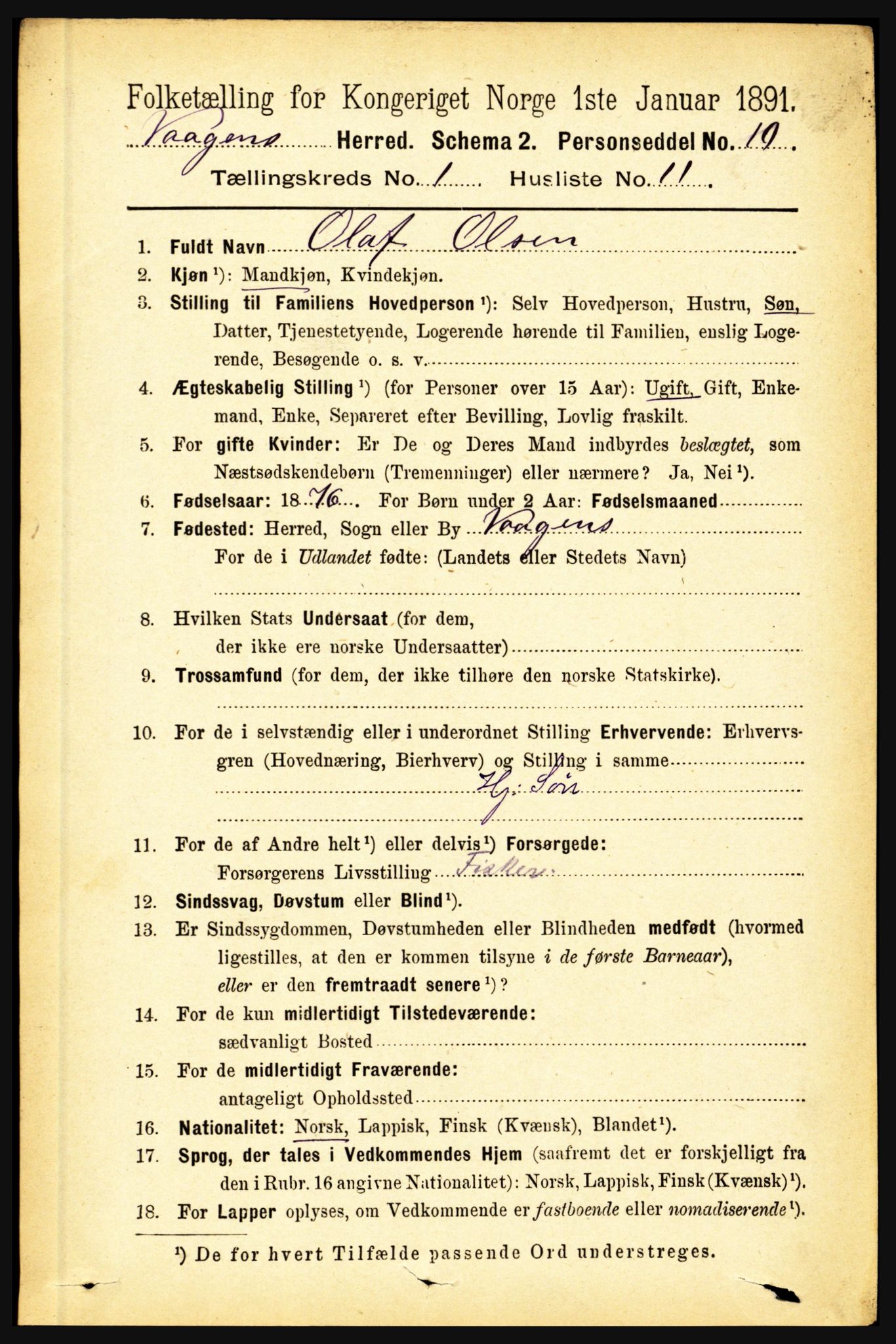 RA, 1891 census for 1865 Vågan, 1891, p. 172