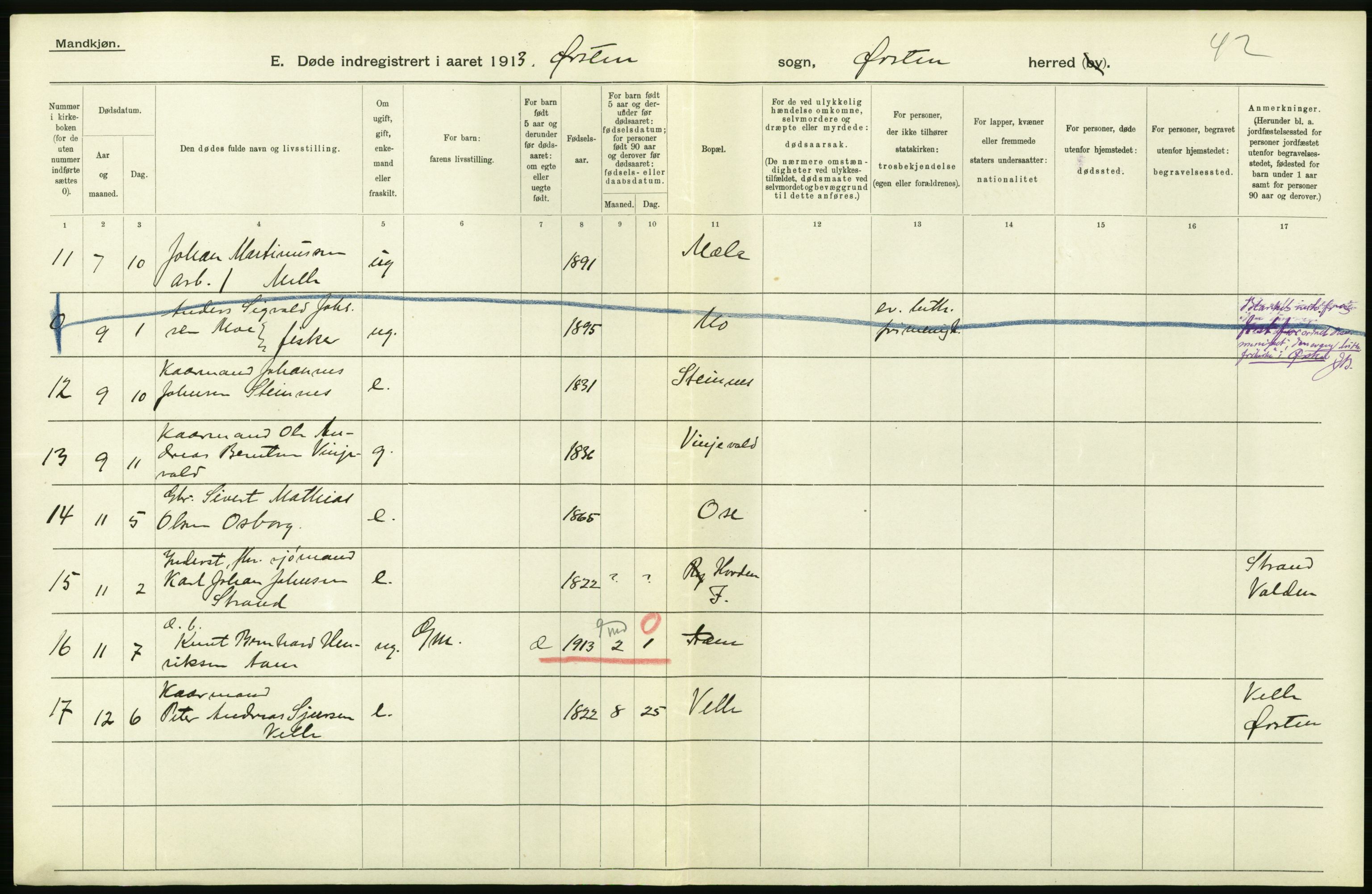 Statistisk sentralbyrå, Sosiodemografiske emner, Befolkning, AV/RA-S-2228/D/Df/Dfb/Dfbc/L0037: Romsdals amt: Døde. Bygder og byer., 1913, p. 16