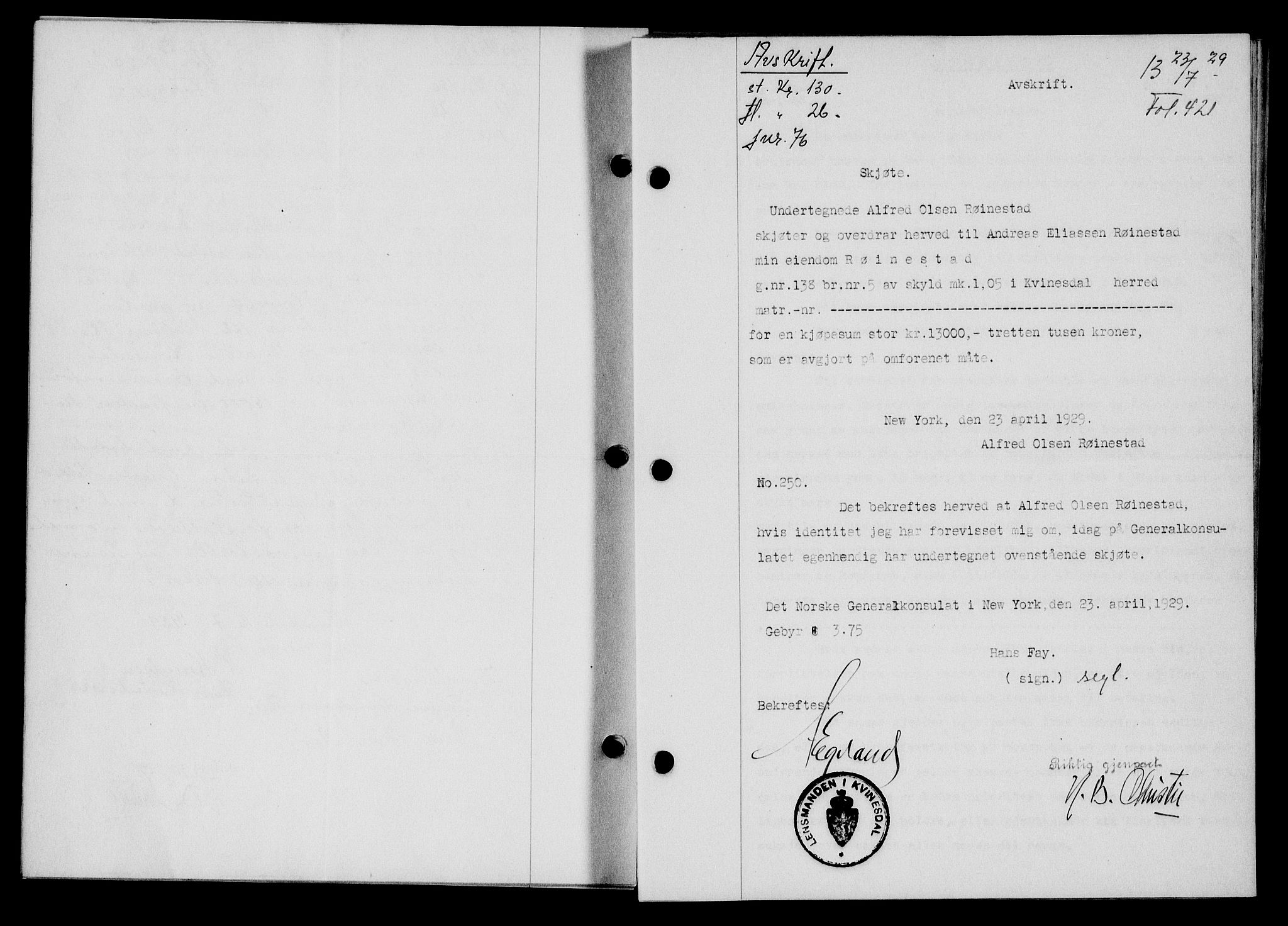 Flekkefjord sorenskriveri, AV/SAK-1221-0001/G/Gb/Gba/L0045: Mortgage book no. 43, 1929-1930, Deed date: 23.07.1929