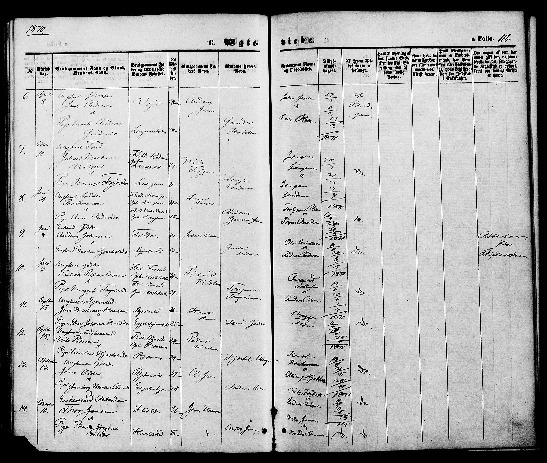 Austre Moland sokneprestkontor, SAK/1111-0001/F/Fa/Faa/L0009: Parish register (official) no. A 9, 1869-1879, p. 118