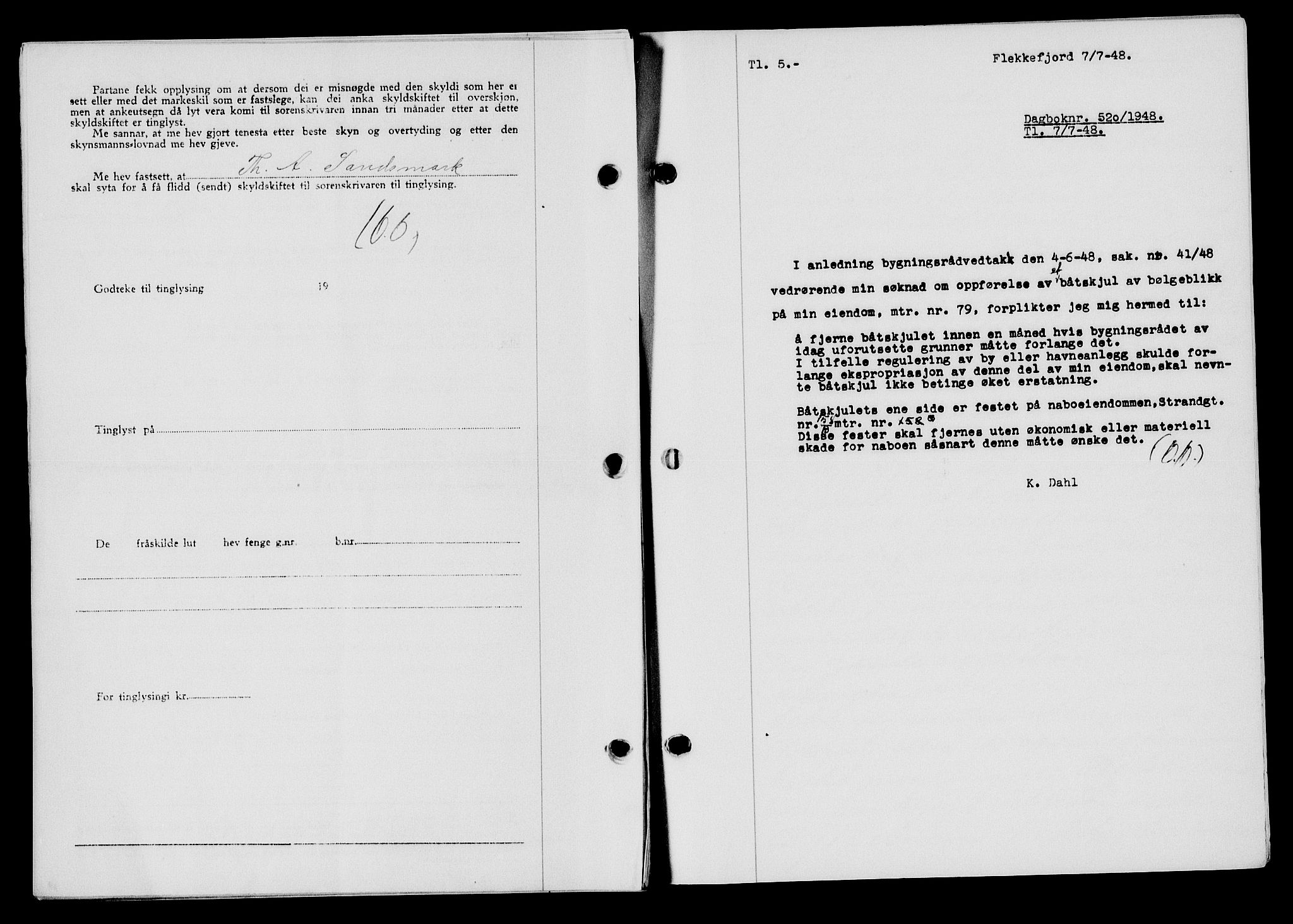 Flekkefjord sorenskriveri, SAK/1221-0001/G/Gb/Gba/L0063: Mortgage book no. A-11, 1947-1948, Diary no: : 520/1948