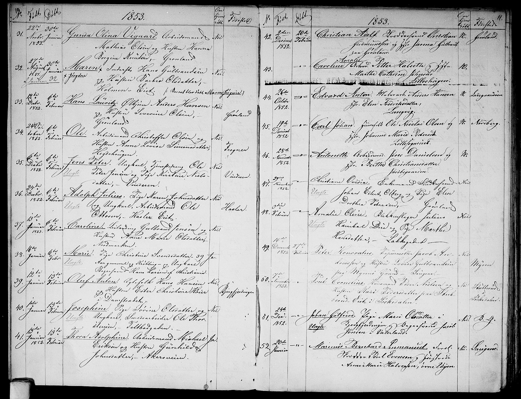 Aker prestekontor kirkebøker, SAO/A-10861/G/L0010: Parish register (copy) no. 10, 1852-1859, p. 10-11
