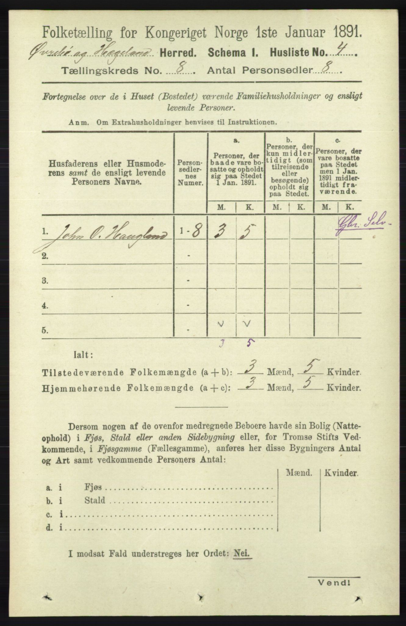 RA, 1891 census for 1016 Øvrebø og Hægeland, 1891, p. 1435