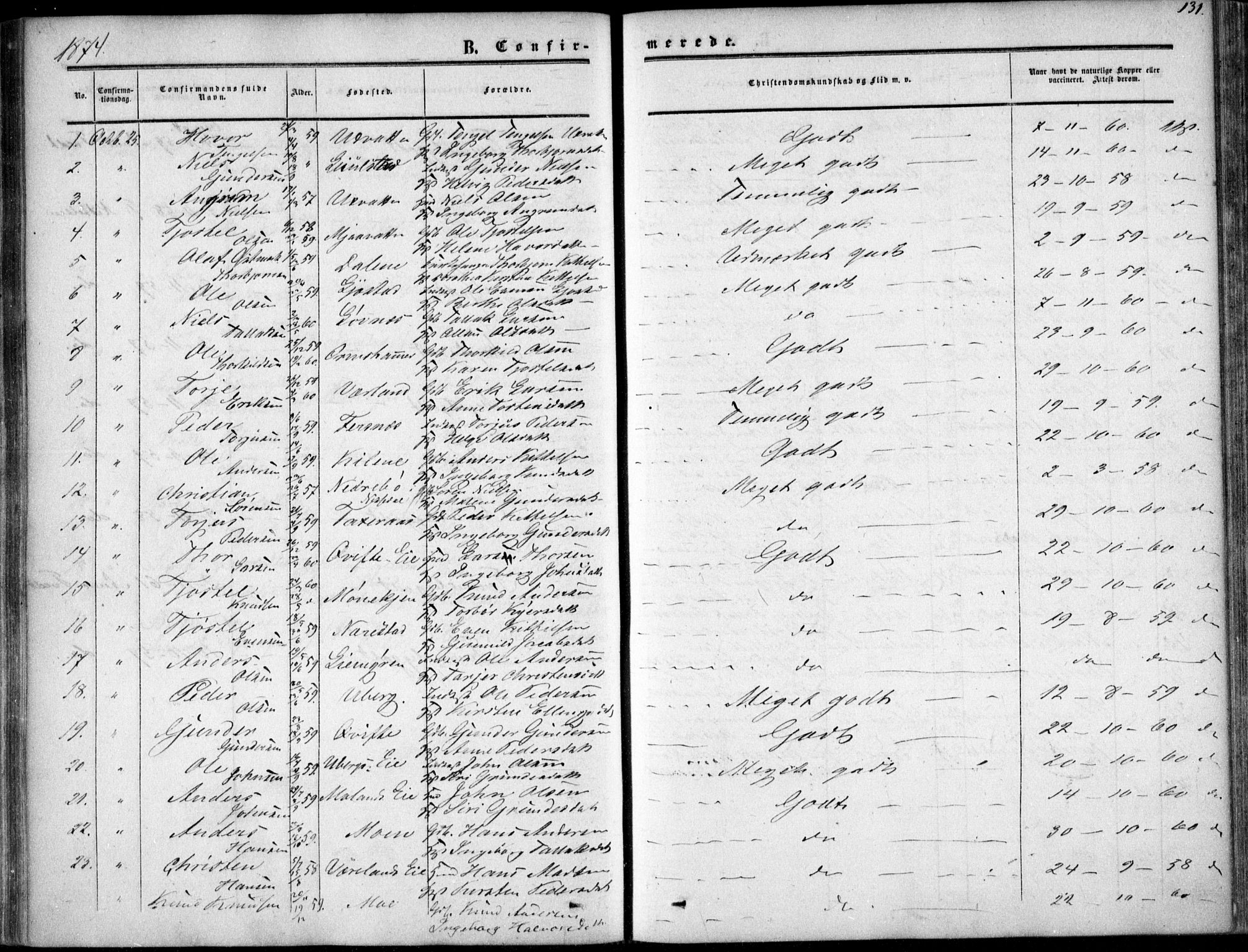 Gjerstad sokneprestkontor, SAK/1111-0014/F/Fa/Fab/L0003: Parish register (official) no. A 3, 1853-1878, p. 131