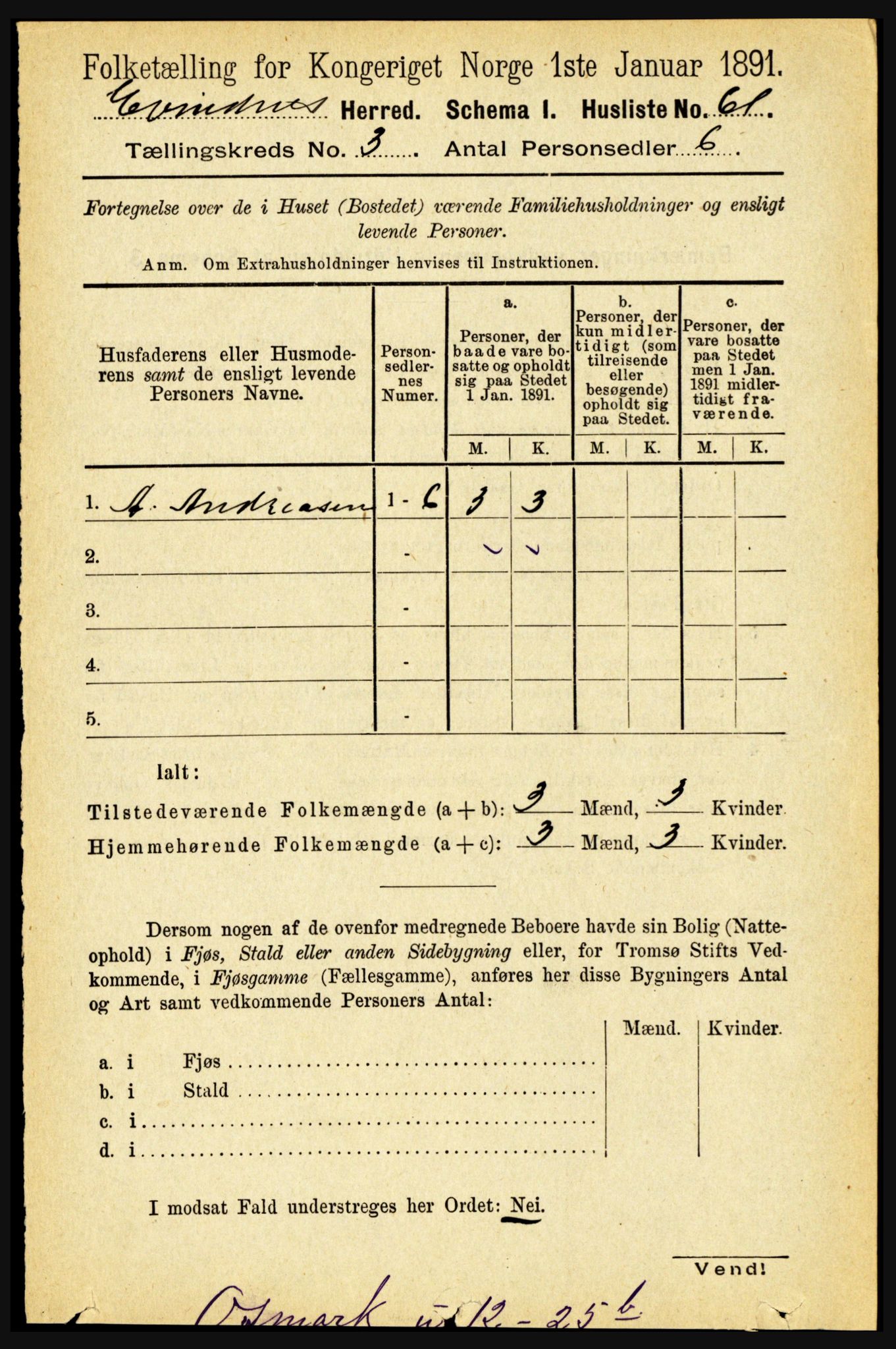 RA, 1891 census for 1853 Evenes, 1891, p. 739