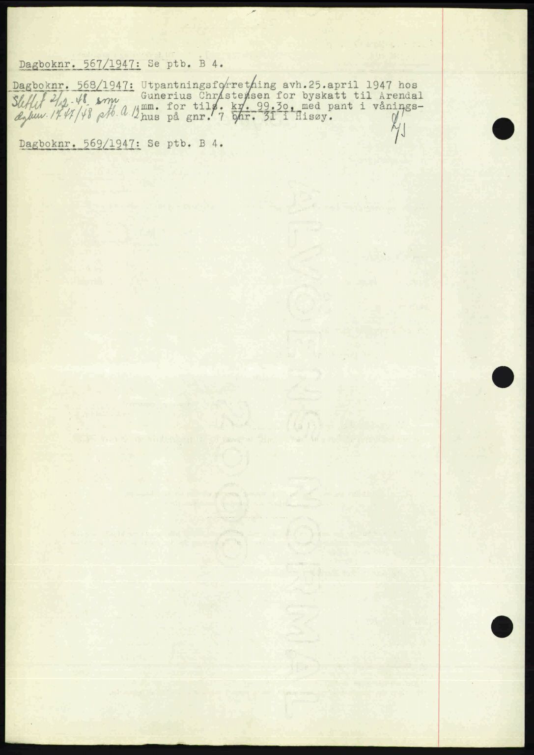 Nedenes sorenskriveri, SAK/1221-0006/G/Gb/Gba/L0057: Mortgage book no. A9, 1947-1947, Diary no: : 567/1947