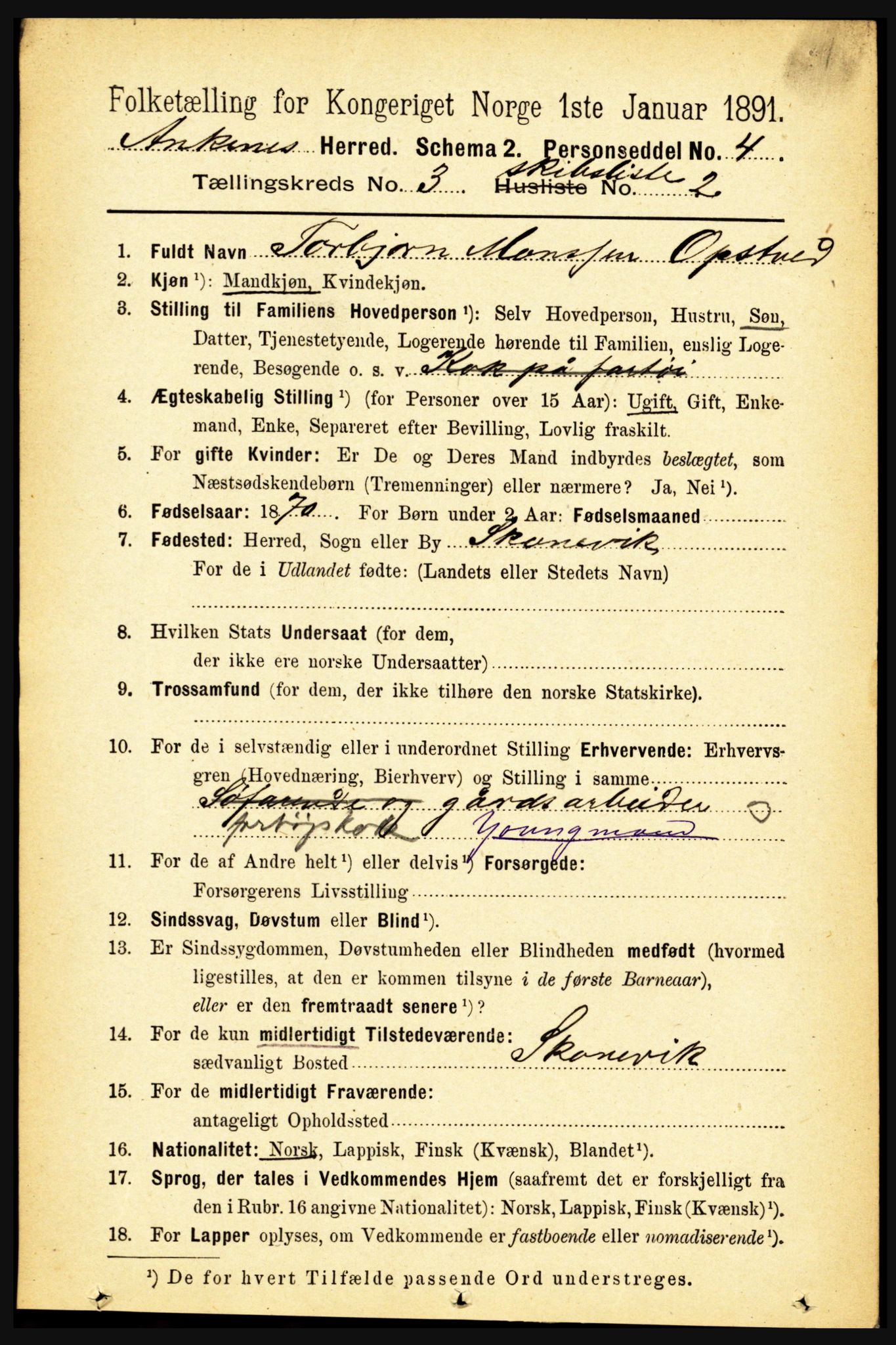 RA, 1891 census for 1855 Ankenes, 1891, p. 2215