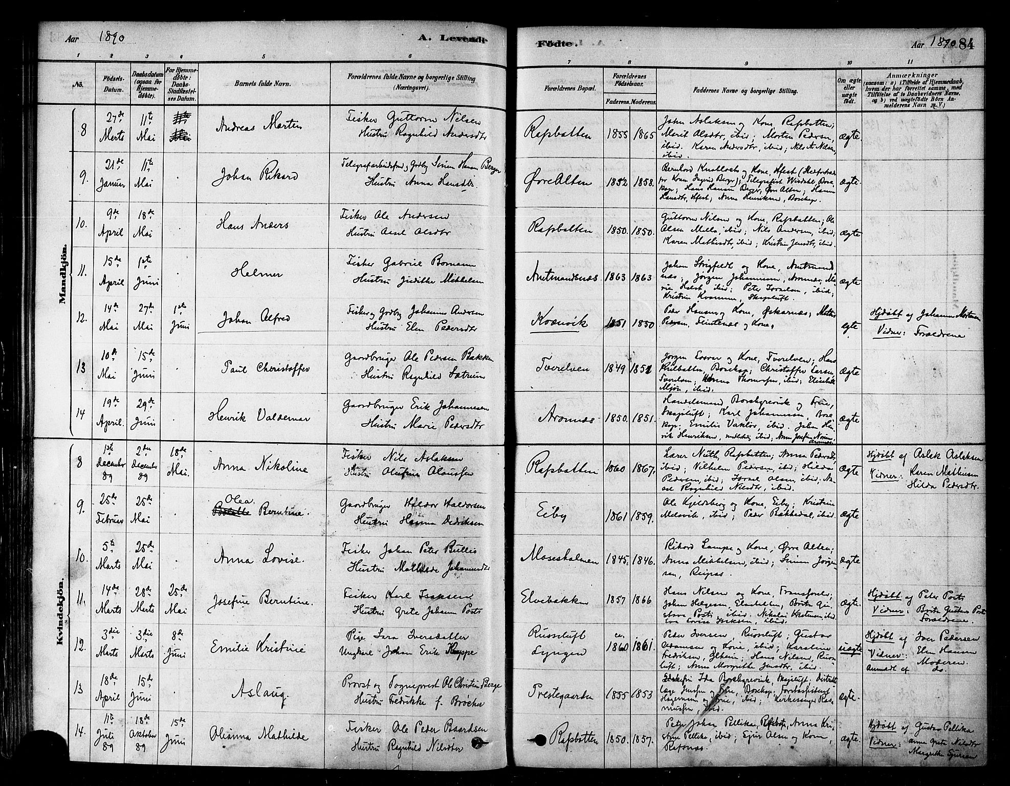 Alta sokneprestkontor, SATØ/S-1338/H/Ha/L0002.kirke: Parish register (official) no. 2, 1879-1892, p. 84