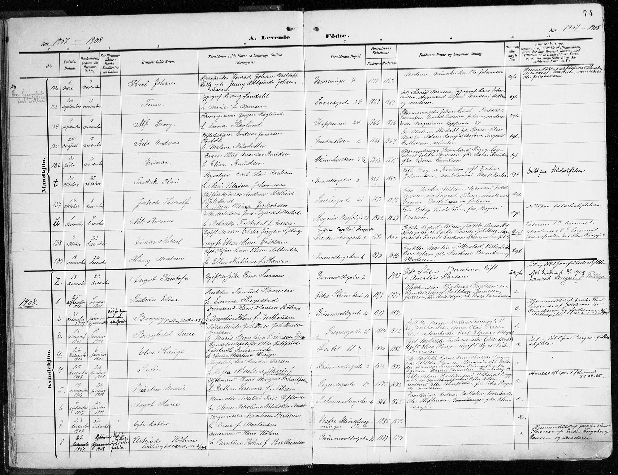 Domkirken sokneprestembete, AV/SAB-A-74801/H/Haa/L0025: Parish register (official) no. B 8, 1903-1925, p. 74
