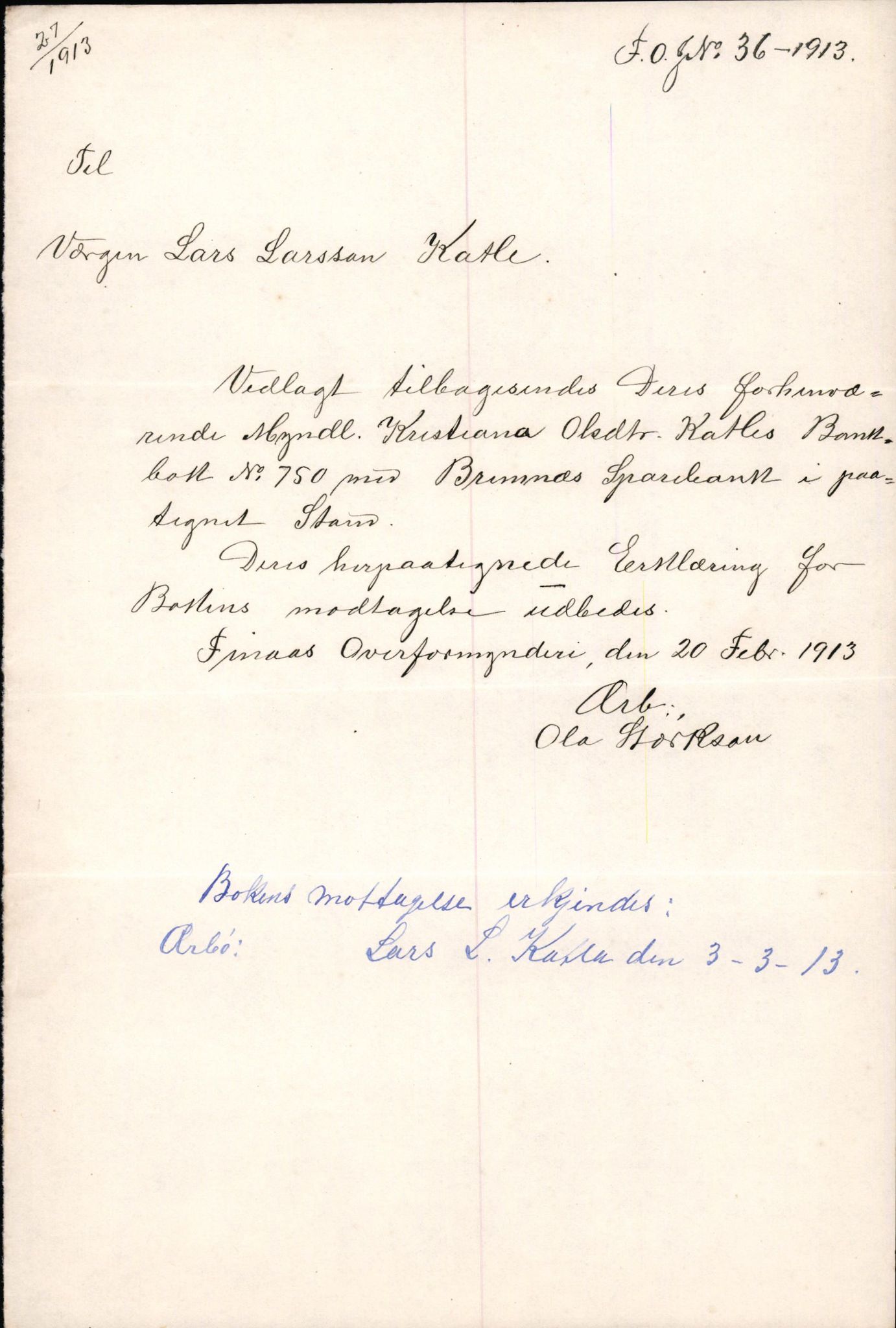 Finnaas kommune. Overformynderiet, IKAH/1218a-812/D/Da/Daa/L0002/0004: Kronologisk ordna korrespondanse / Kronologisk ordna korrespondanse, 1910-1913, p. 182