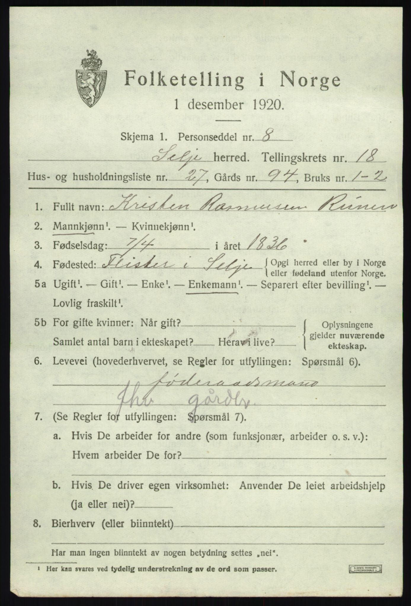 SAB, 1920 census for Selje, 1920, p. 8285