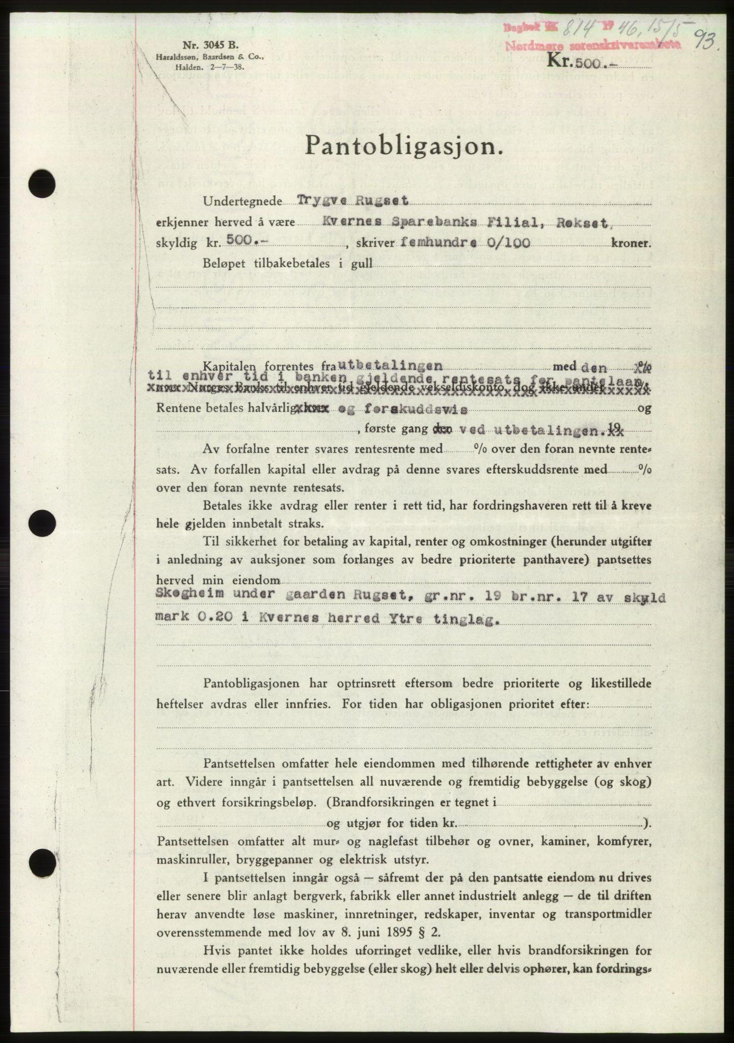 Nordmøre sorenskriveri, AV/SAT-A-4132/1/2/2Ca: Mortgage book no. B94, 1946-1946, Diary no: : 814/1946