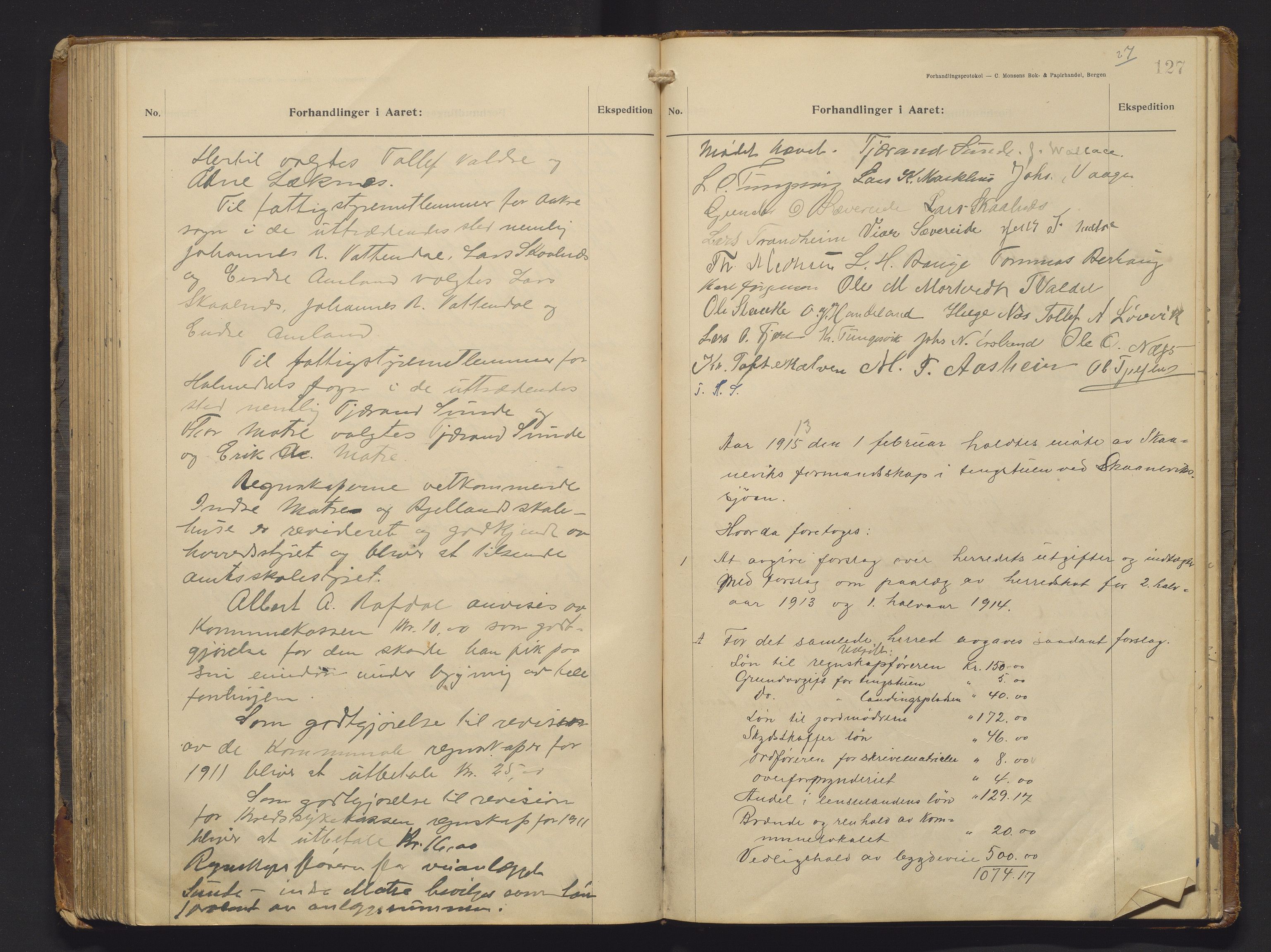 Skånevik kommune. Formannskapet, IKAH/1212-021/A/Aa/L0006: Møtebok for Skånevik formannskap og heradsstyre, 1908-1913, p. 127