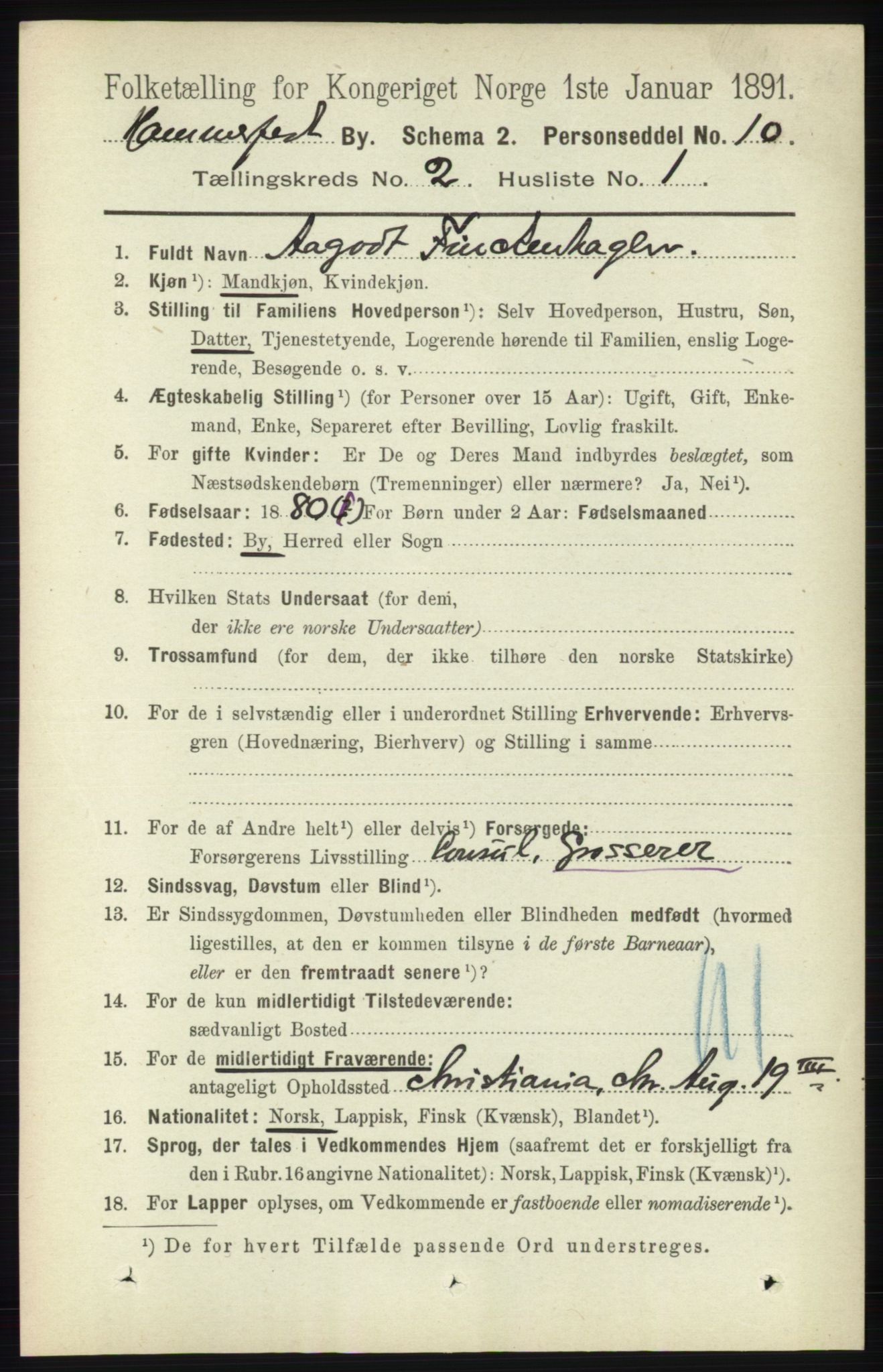 RA, 1891 census for 2001 Hammerfest, 1891, p. 281