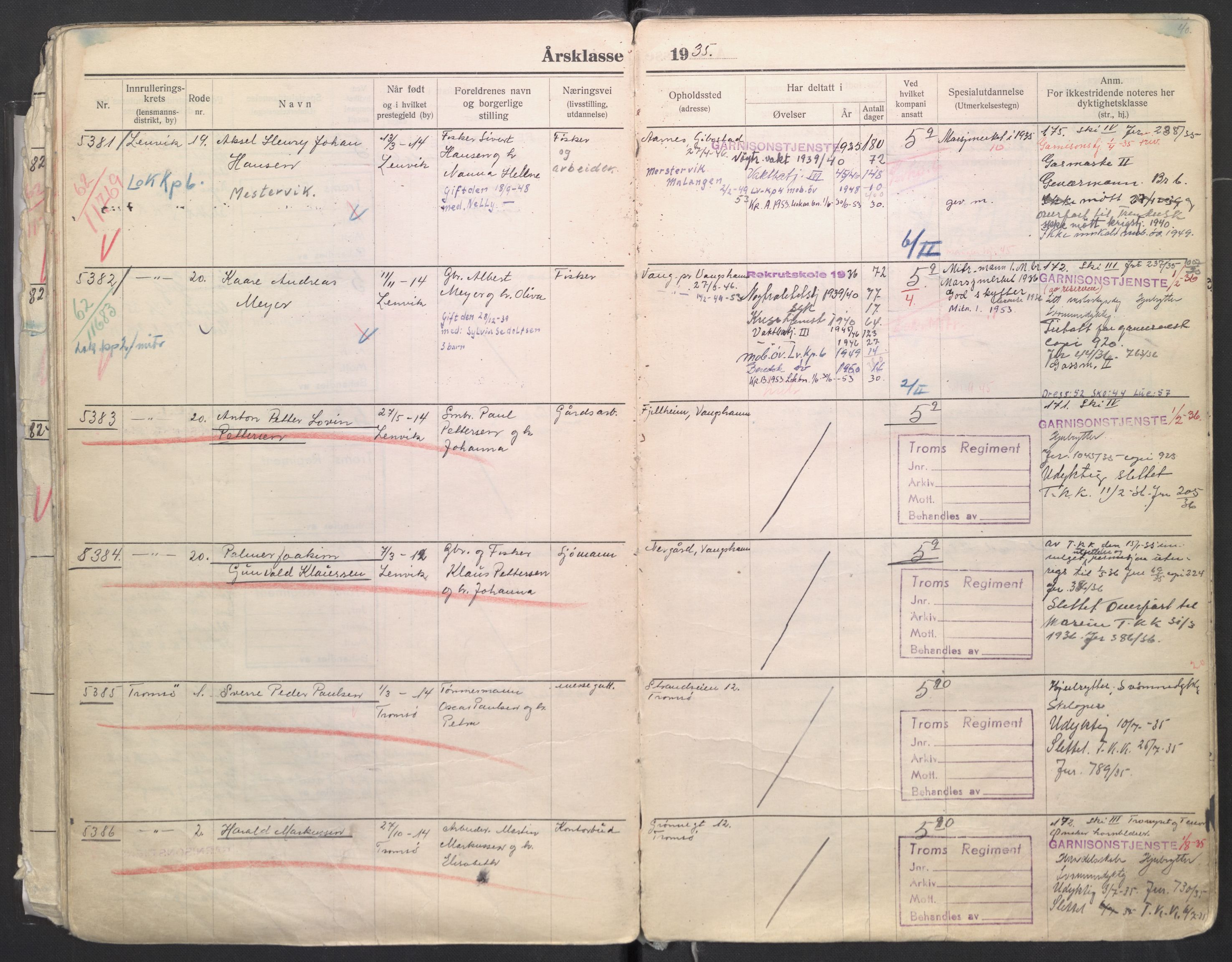 Forsvaret, Troms infanteriregiment nr. 16, AV/RA-RAFA-3146/P/Pa/L0006/0008: Ruller / Rulle for regimentets menige mannskaper, årsklasse 1935, 1935, p. 40