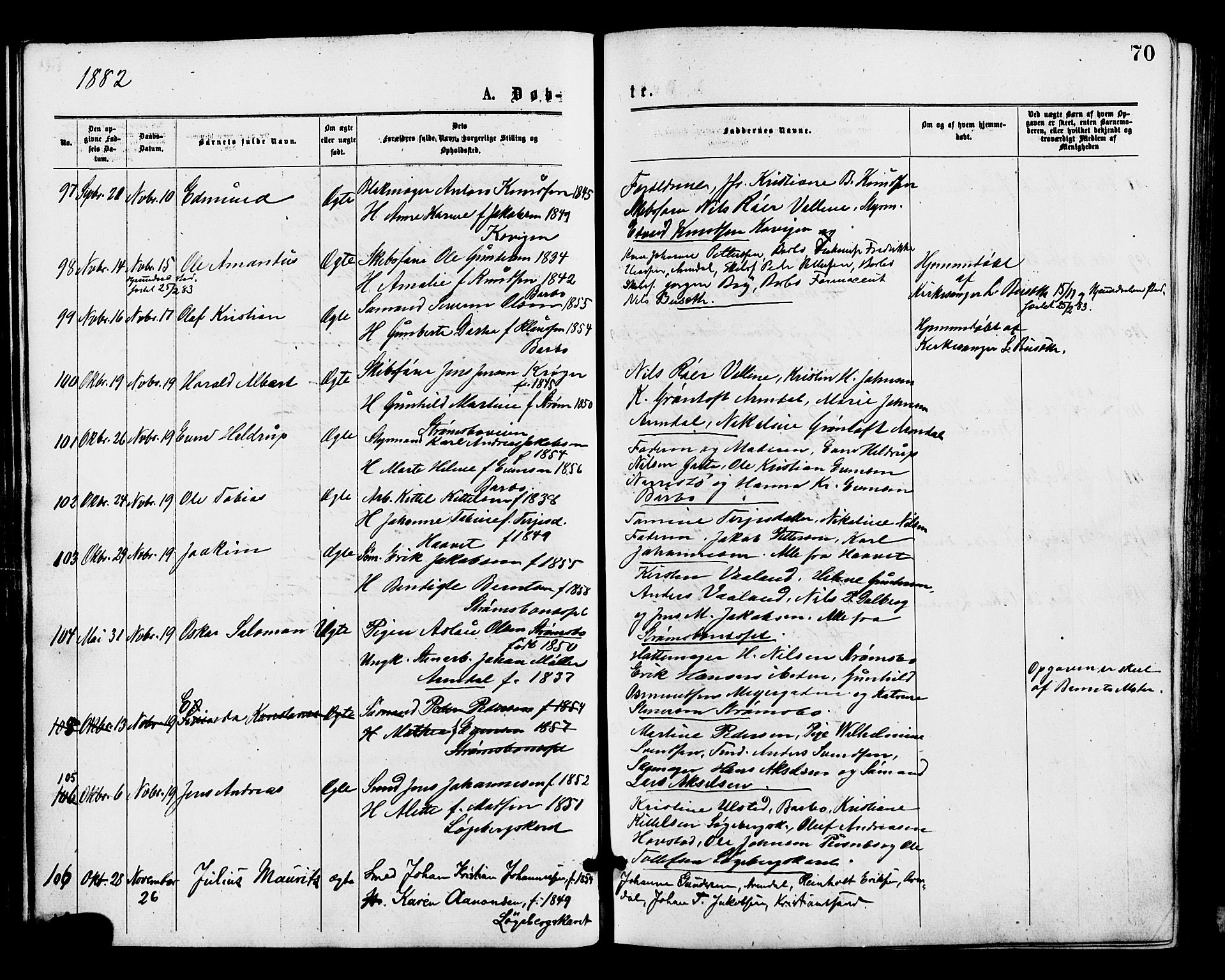 Barbu sokneprestkontor, AV/SAK-1111-0003/F/Fa/L0001: Parish register (official) no. A 1 /1, 1878-1883, p. 70