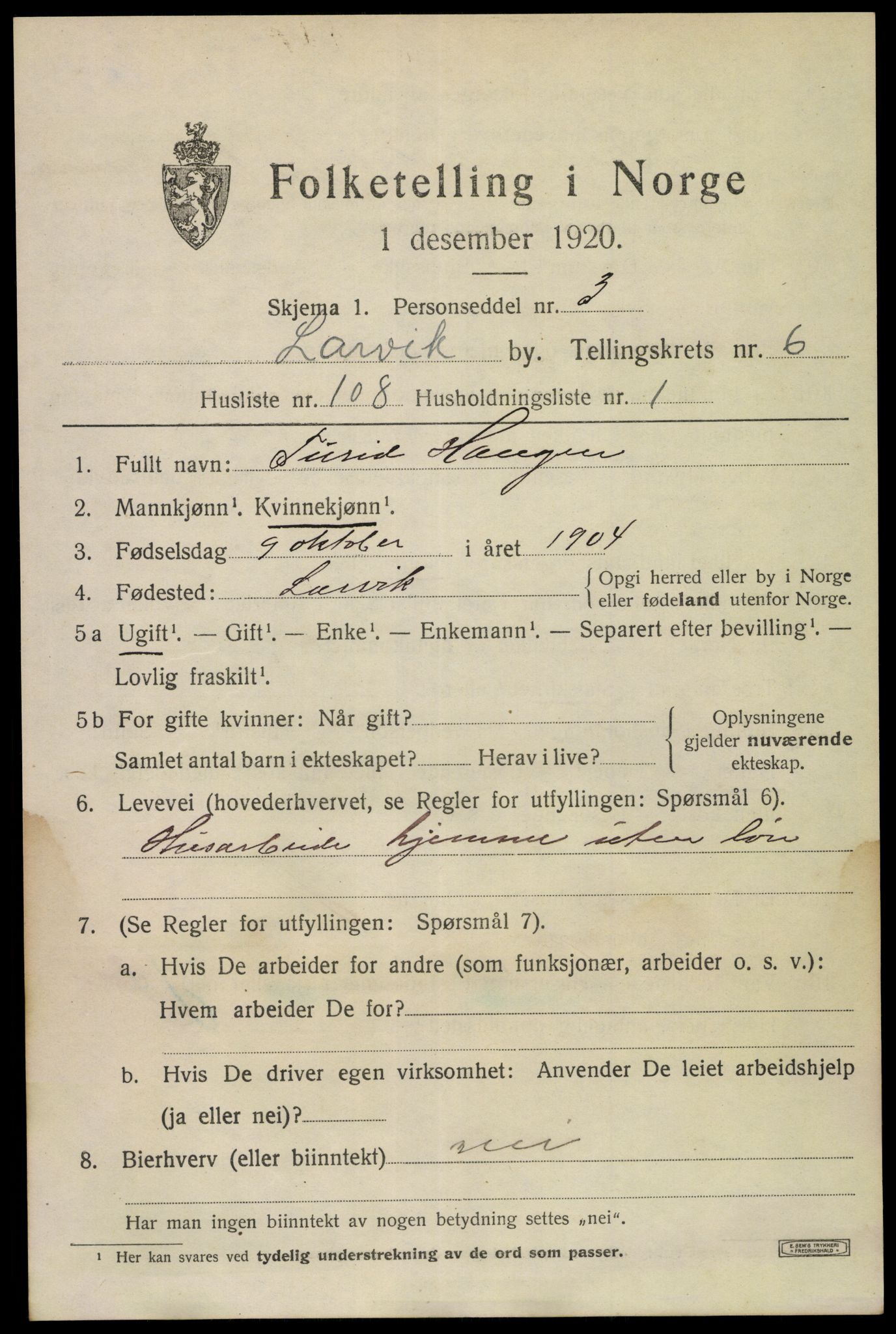 SAKO, 1920 census for Larvik, 1920, p. 19734