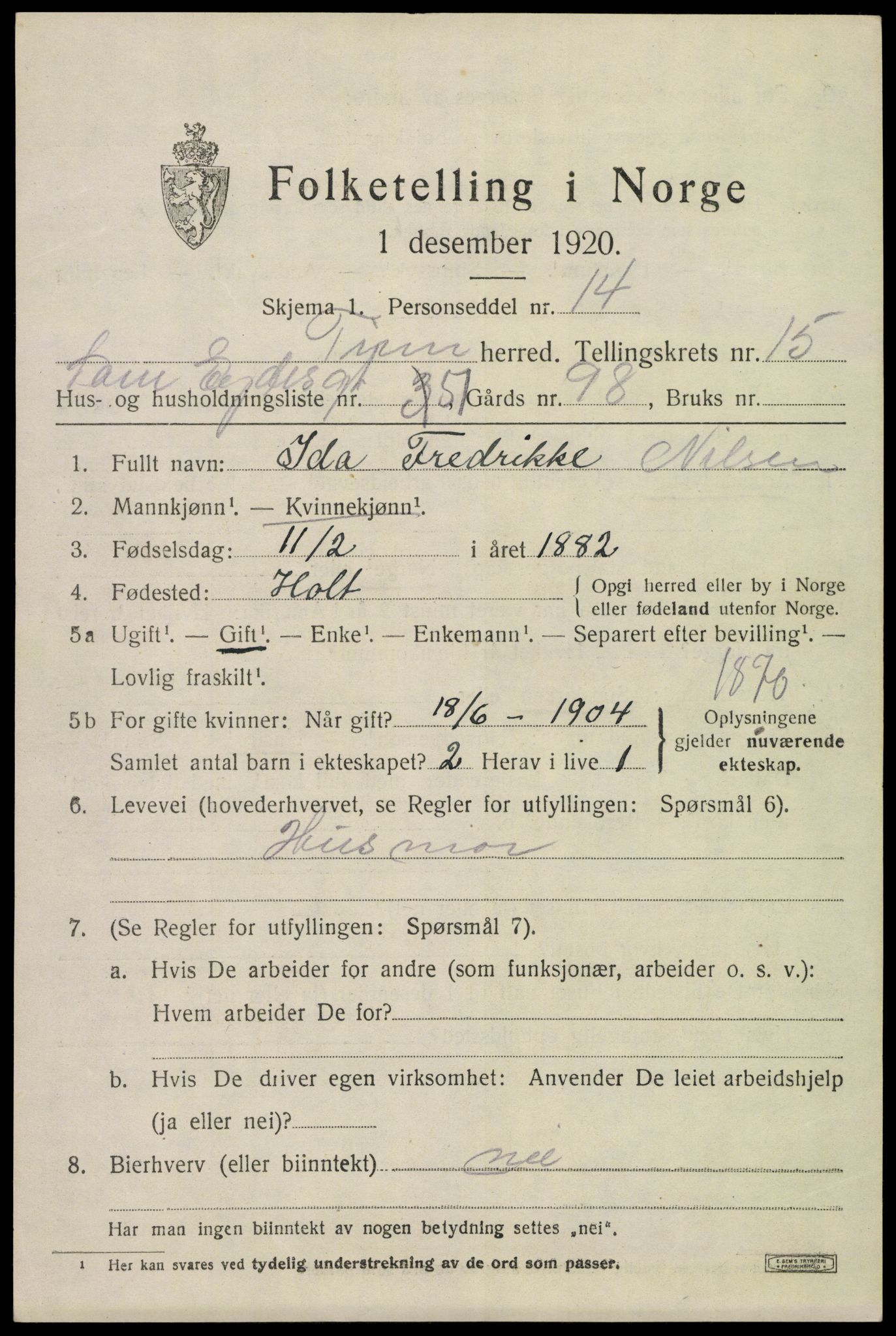 SAKO, 1920 census for Tinn, 1920, p. 13738