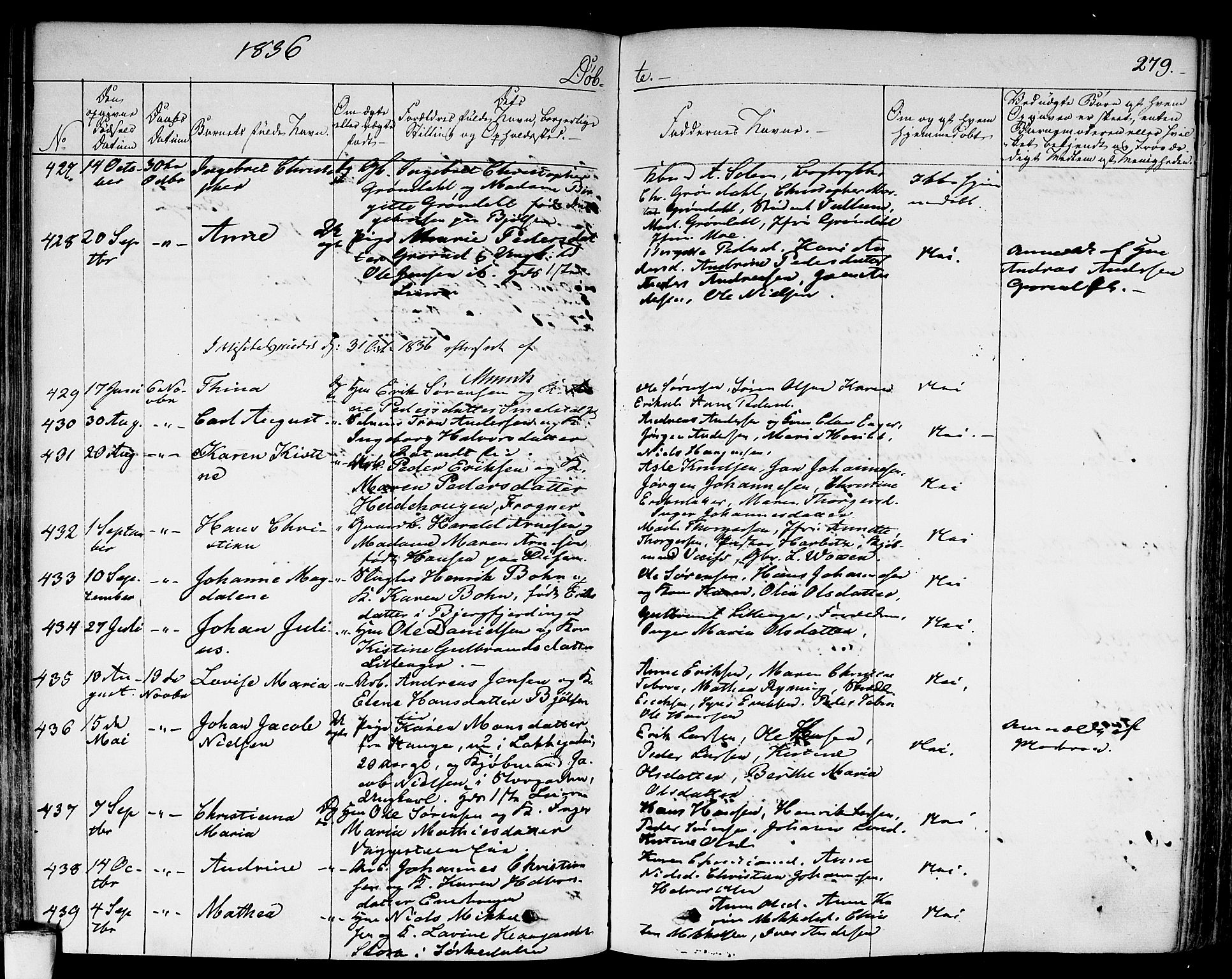 Aker prestekontor kirkebøker, AV/SAO-A-10861/F/L0013: Parish register (official) no. 13, 1828-1837, p. 279