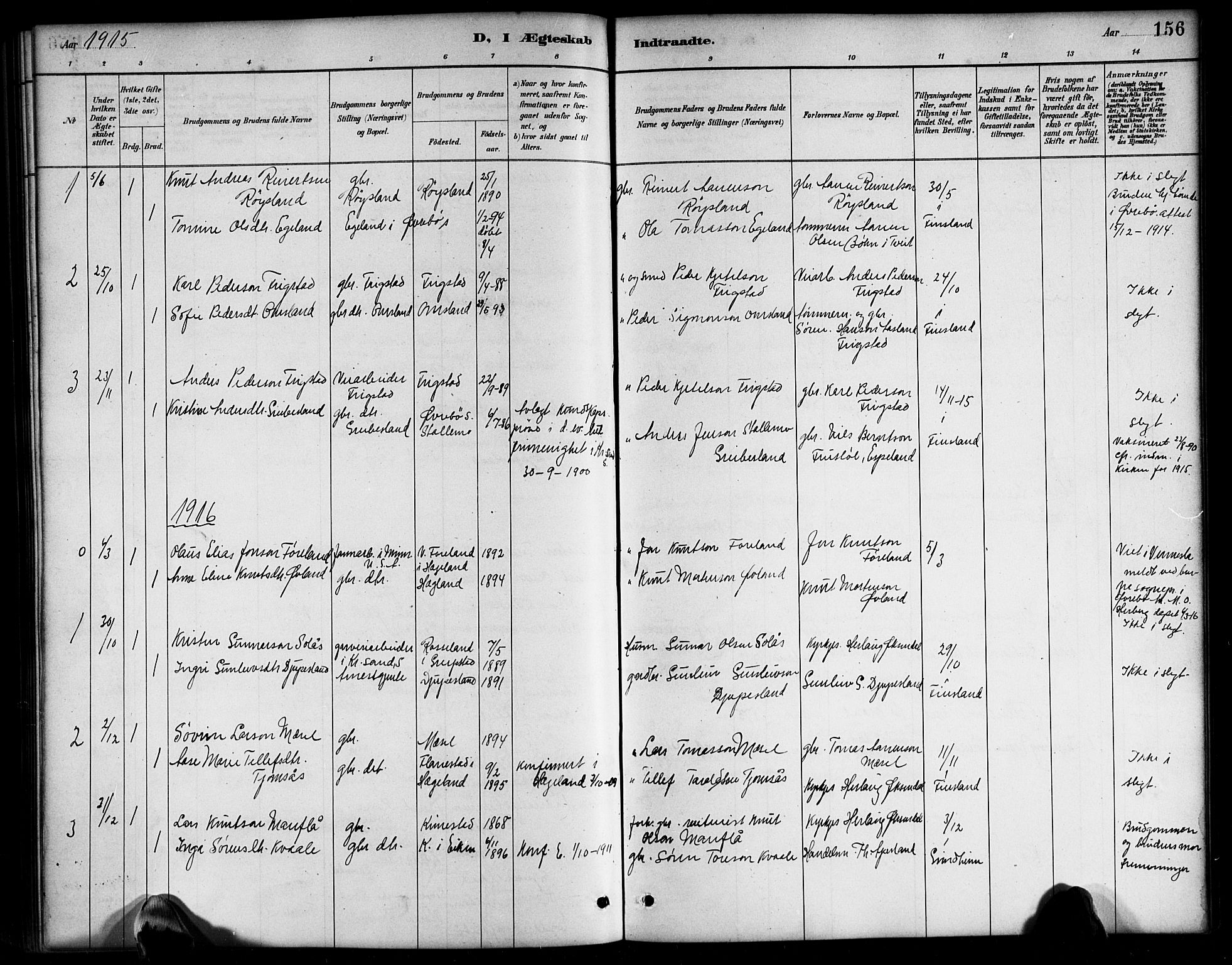 Bjelland sokneprestkontor, SAK/1111-0005/F/Fb/Fbb/L0005: Parish register (copy) no. B 5, 1887-1918, p. 156
