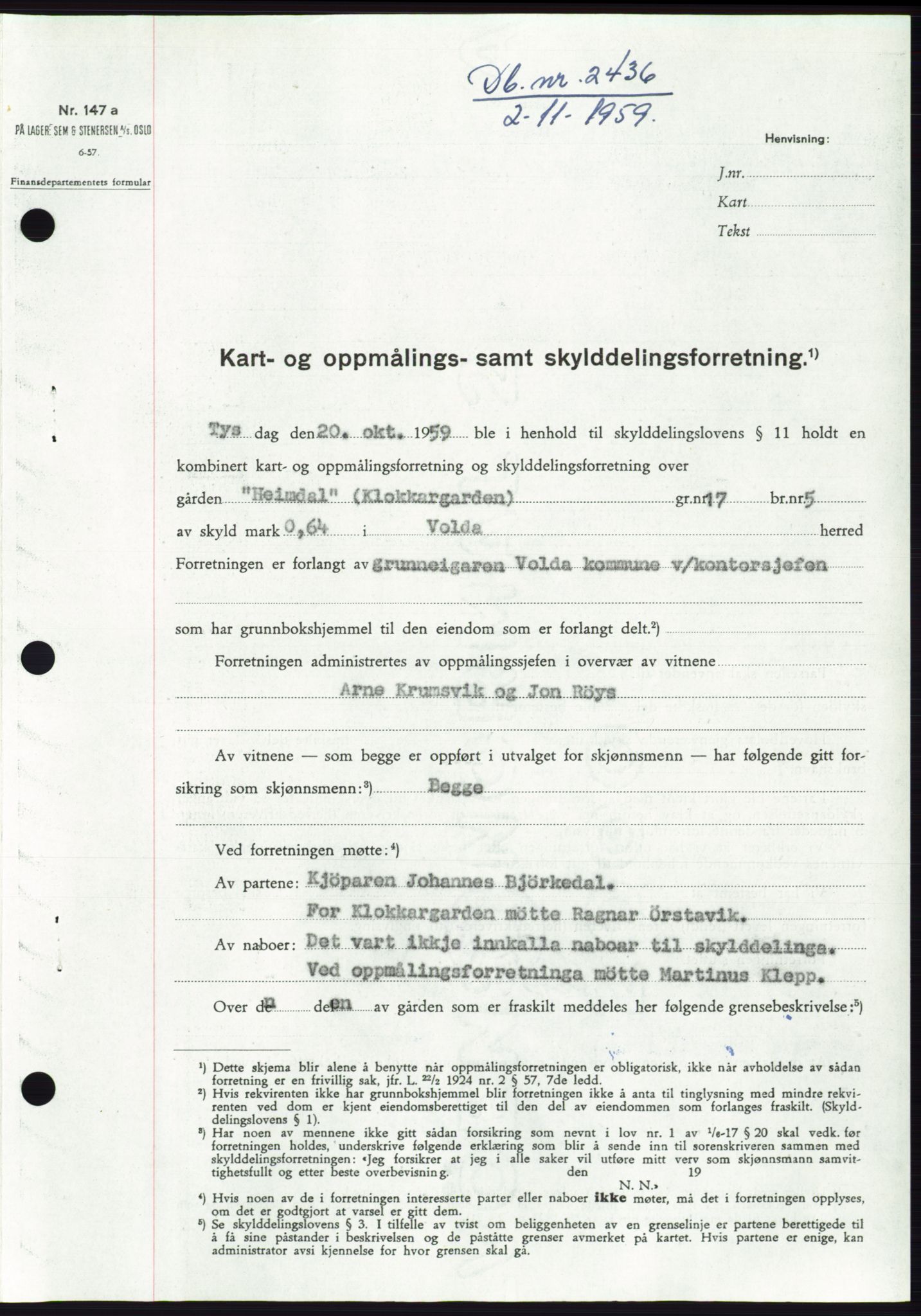 Søre Sunnmøre sorenskriveri, AV/SAT-A-4122/1/2/2C/L0113: Mortgage book no. 39A, 1959-1959, Diary no: : 2436/1959