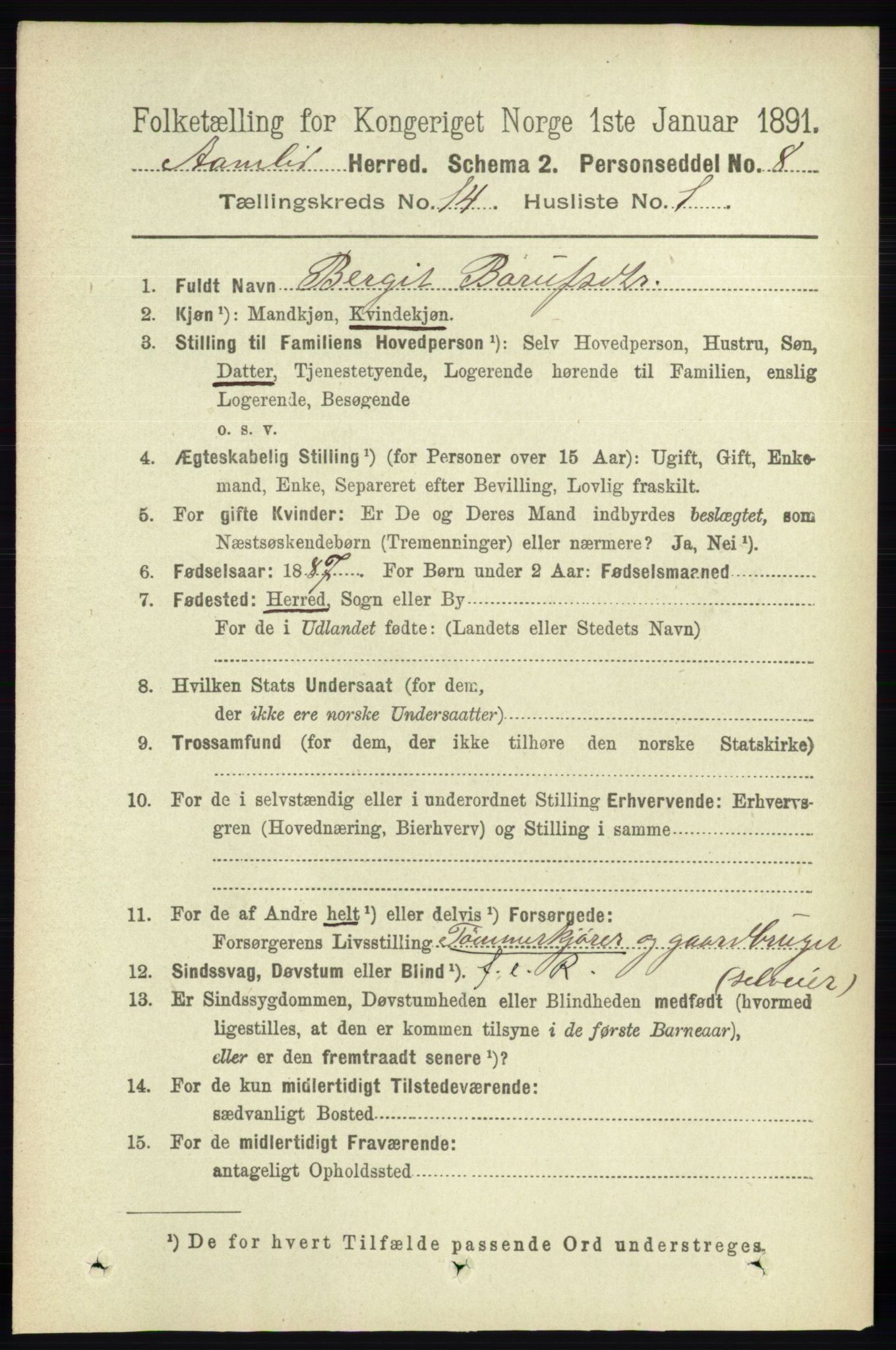 RA, 1891 census for 0929 Åmli, 1891, p. 2273